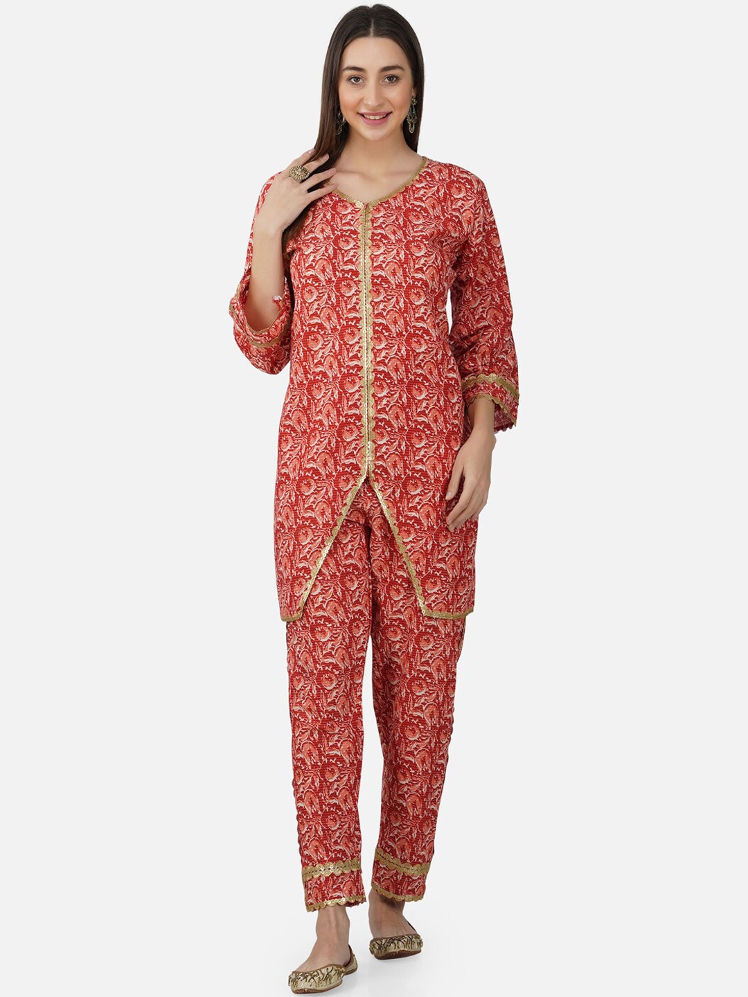 

BCZ Style Women Floral Printed Gotta Patti Pure Cotton Kurta with Trousers, Rust
