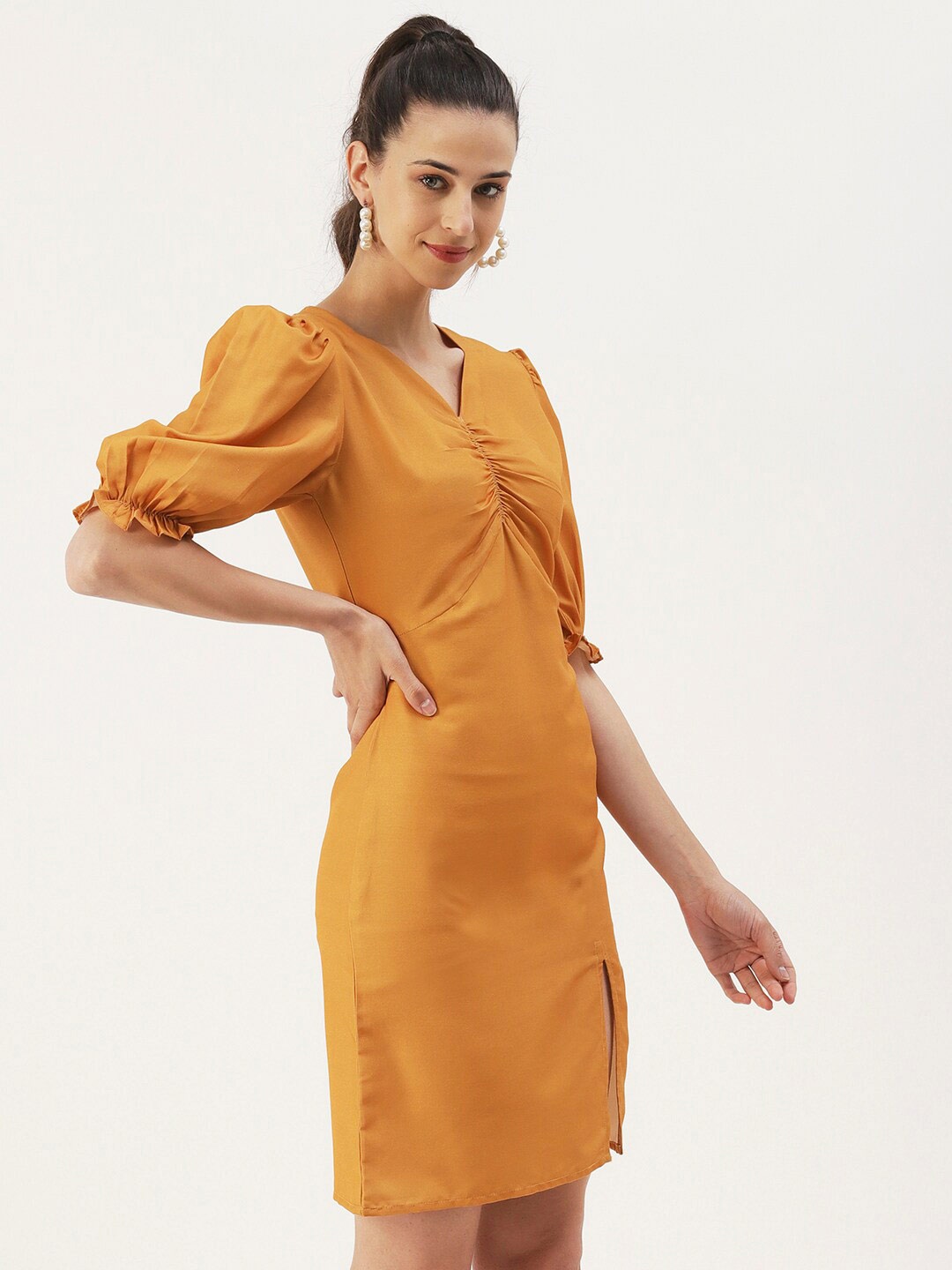 

DressBerry Sweetheart Neck Puff Sleeves A-Line Dress, Mustard