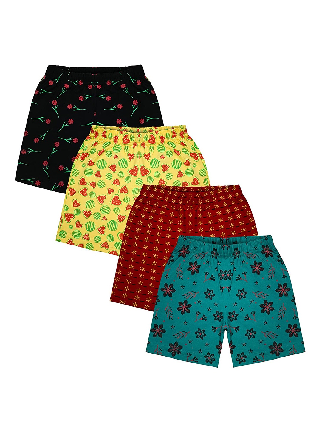 

MIST N FOGG Kids Pack Of 4 Floral Printed Mid-Rise Cotton Casual Shorts, Yellow