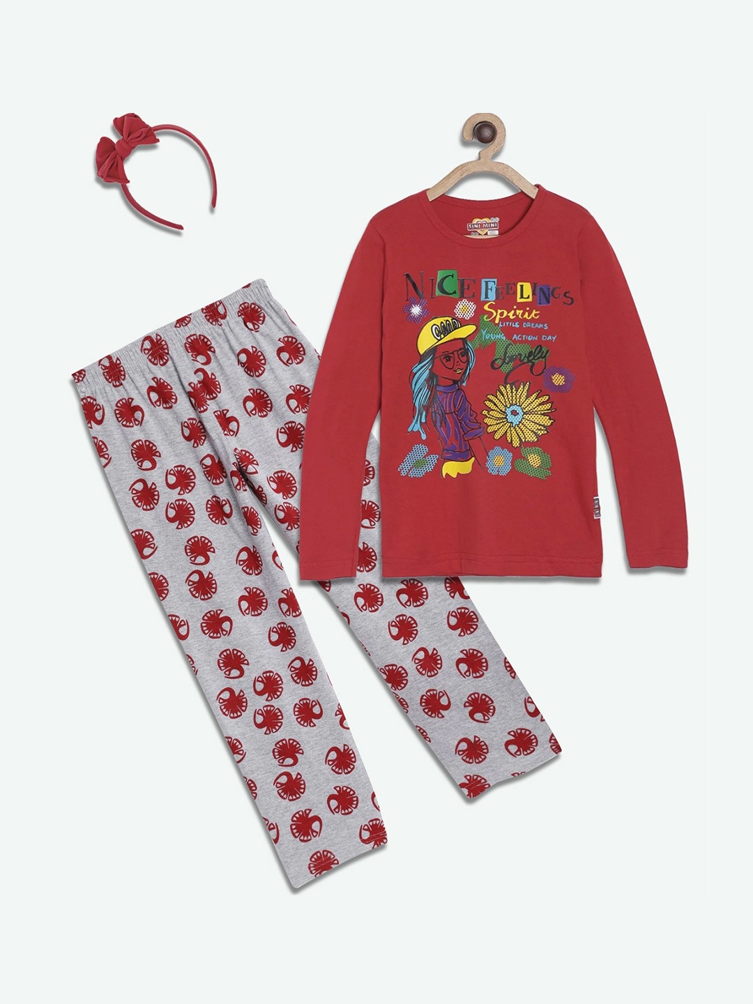 

SINI MINI Girls 2 Pieces Graphic Printed Night Suit, Red