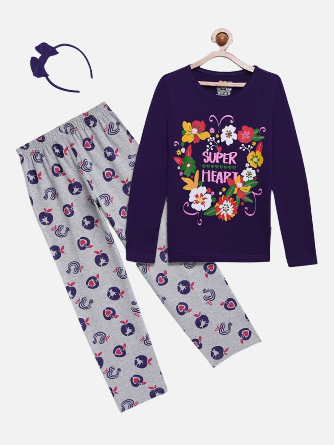 

SINI MINI Girls 2 Pieces Floral Printed Night Suit, Navy blue