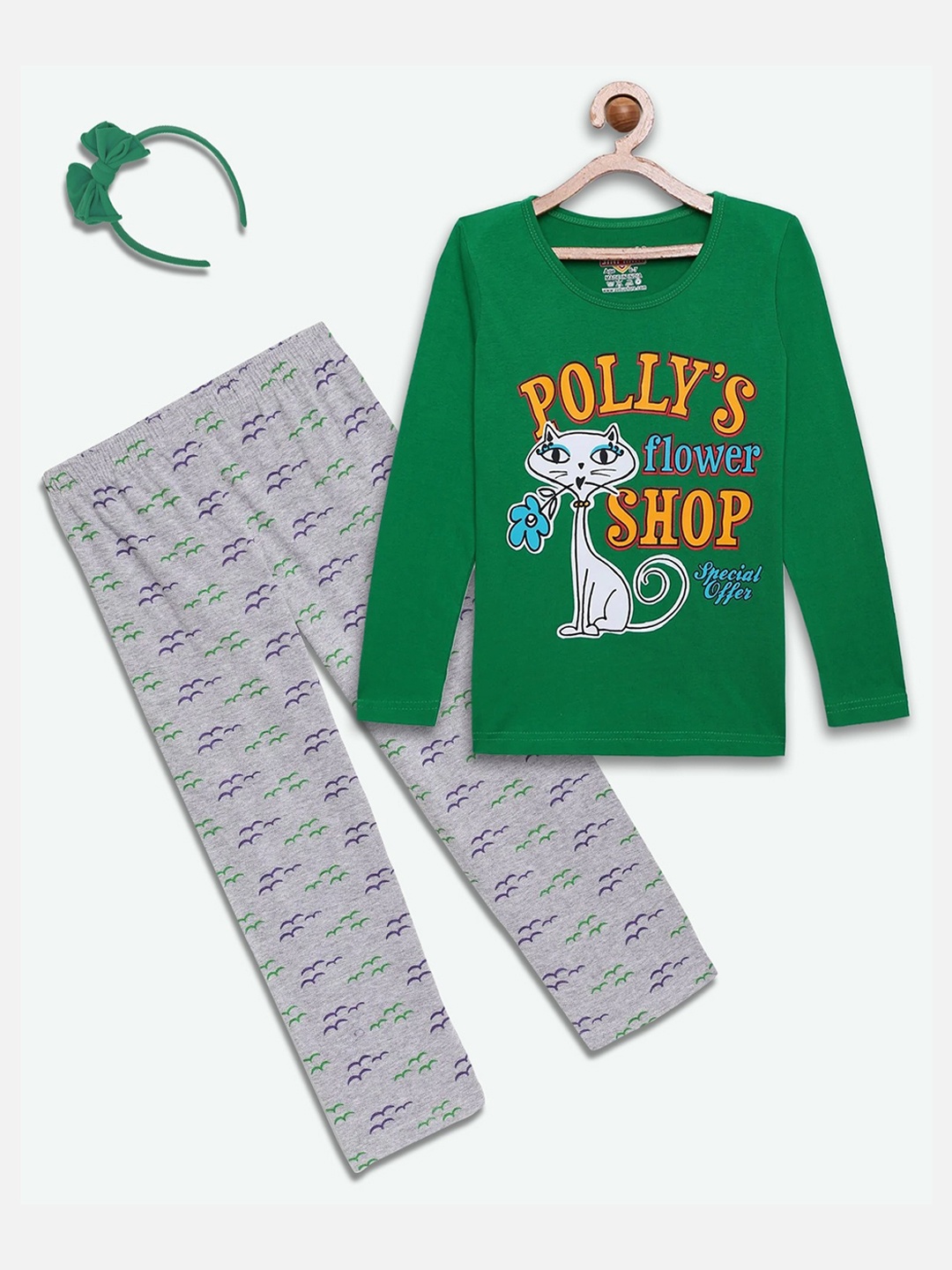 

SINI MINI Girls 2 Pieces Conversational Printed Night Suit, Green