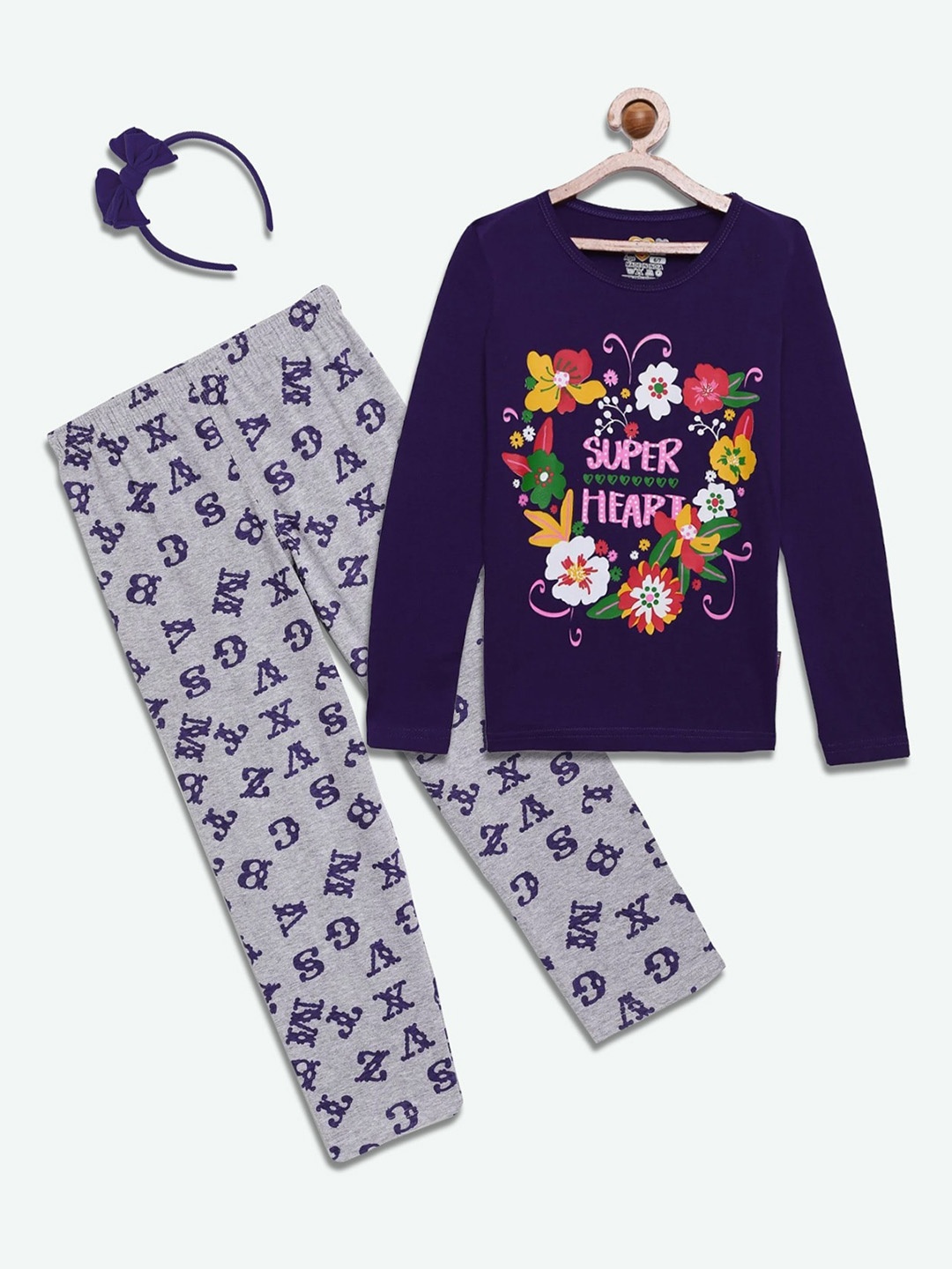 

SINI MINI Girls 2 Pieces Floral Printed Night Suit, Purple
