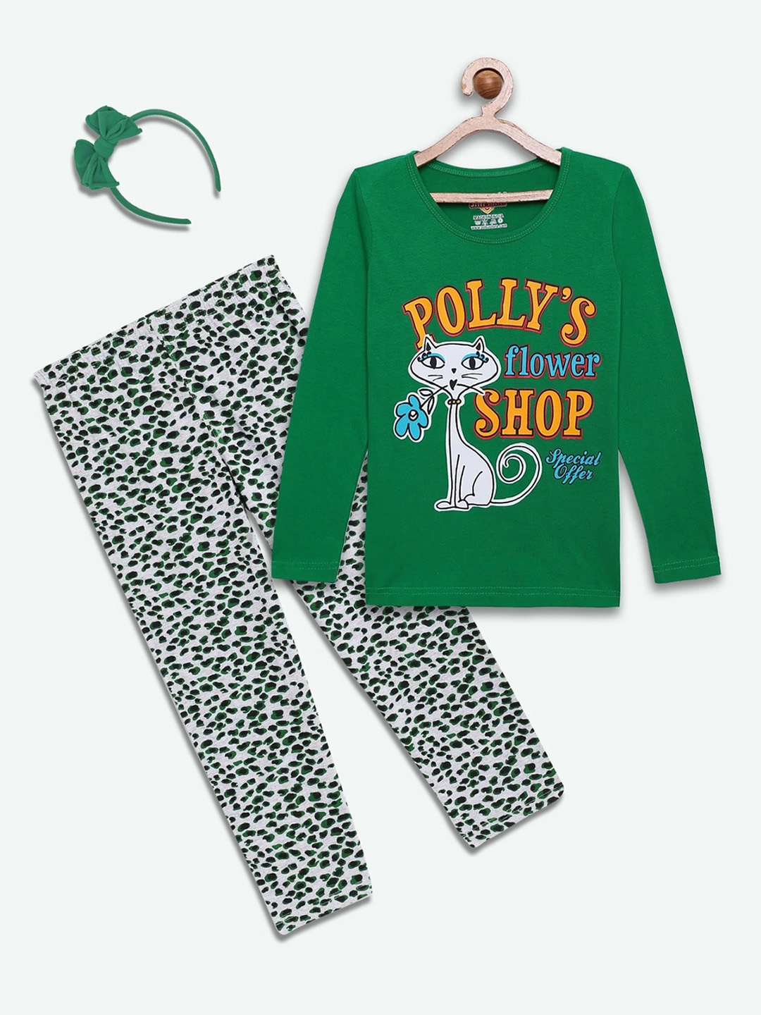 

SINI MINI Girls 2 Pieces Typography Printed Night Suit, Green