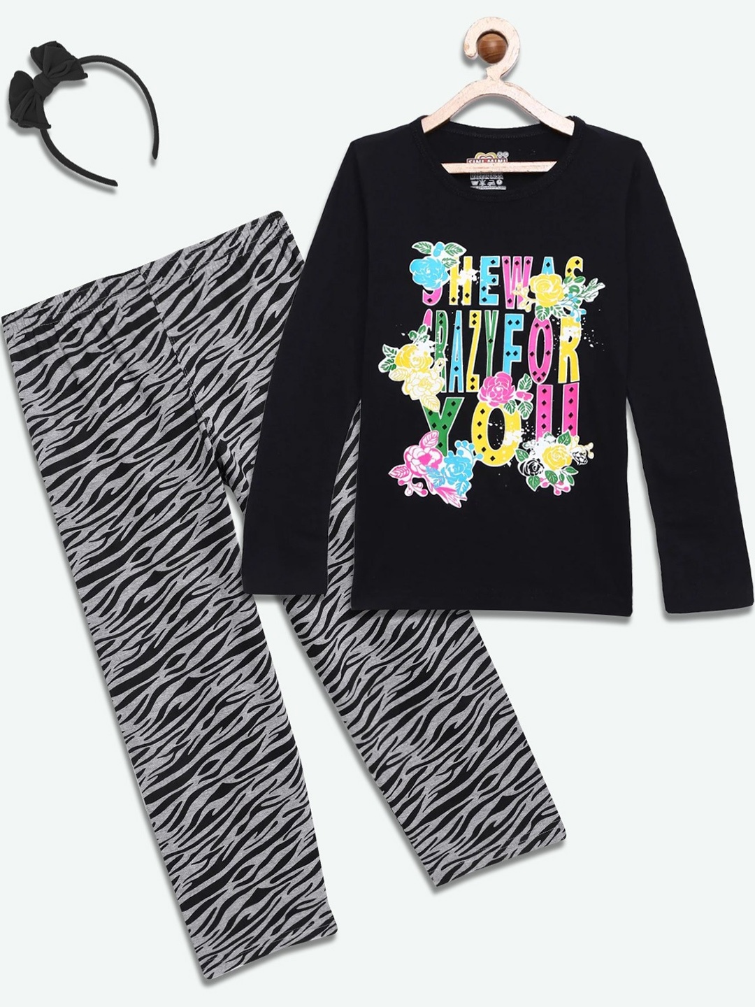 

SINI MINI Girls 2 Pieces Typography Printed Night Suit, Grey