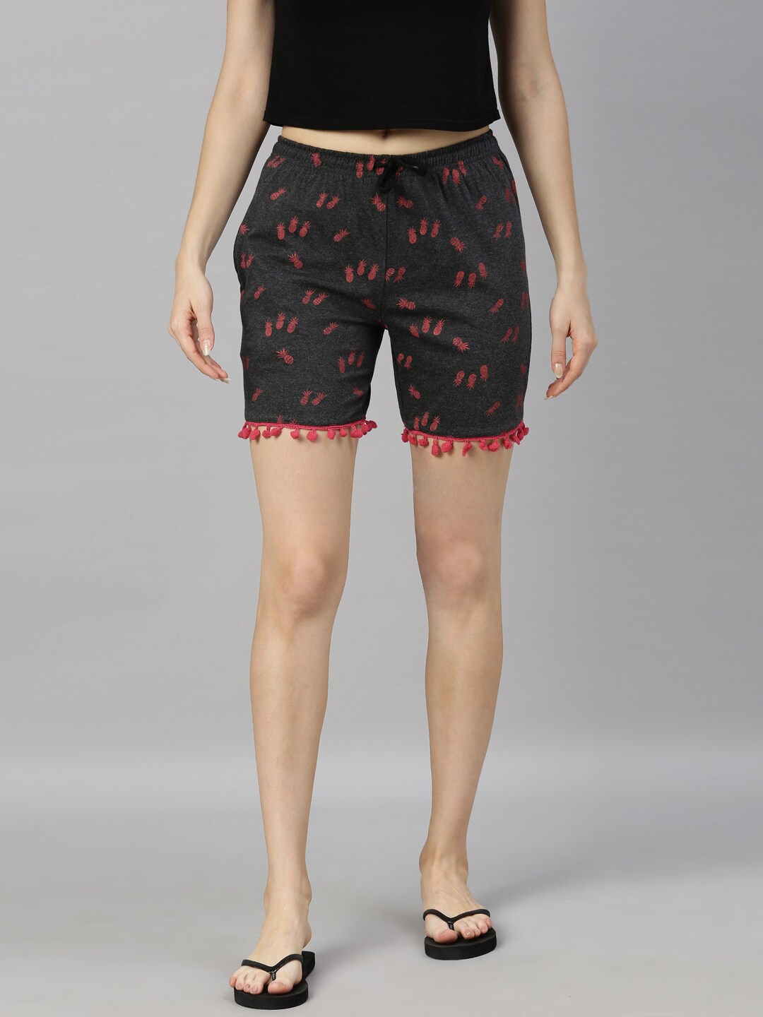 

Kryptic Women Printed Pure Cotton Mid-Rise Lounge Shorts, Charcoal