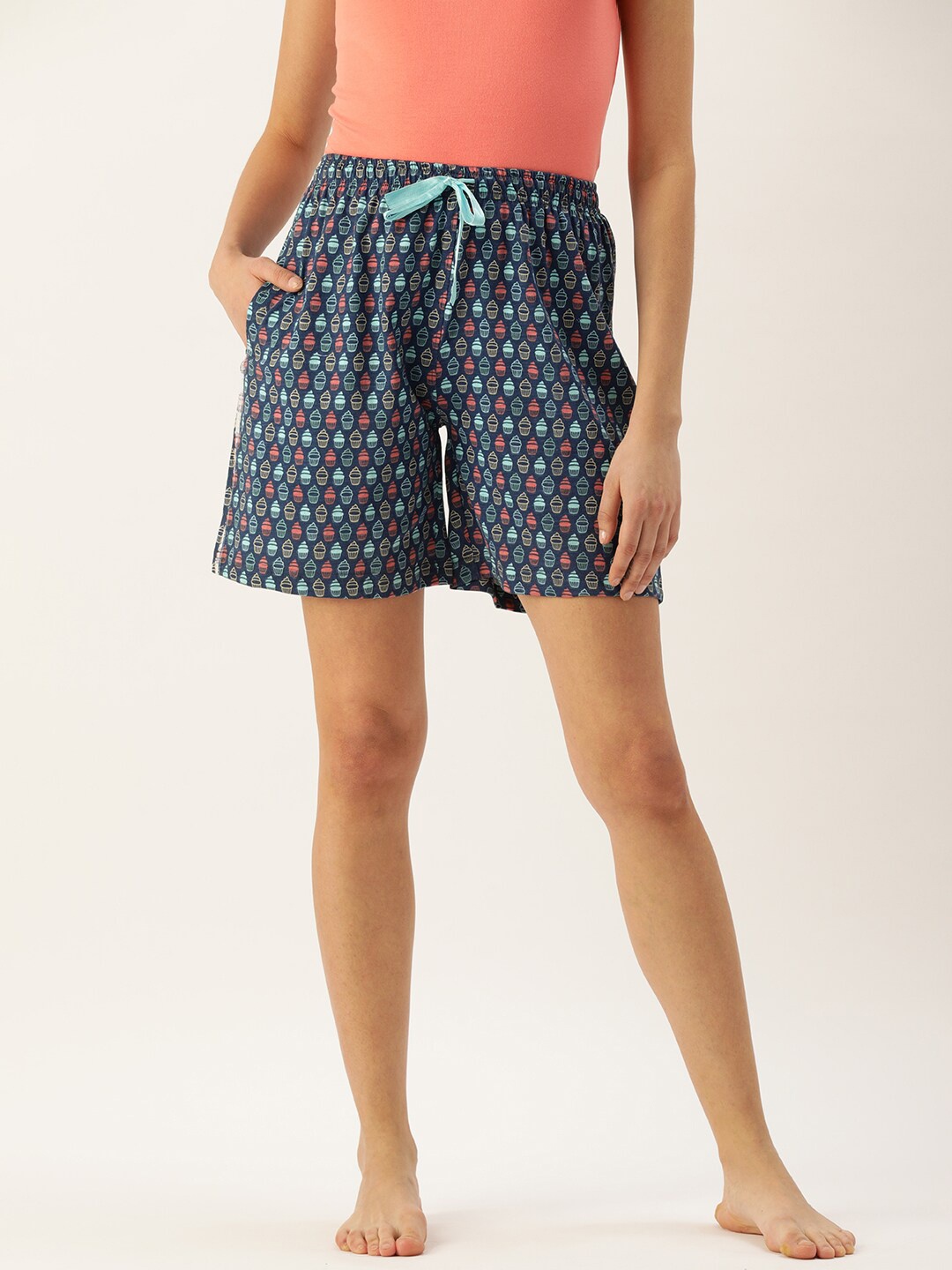 

Kryptic Women Printed Pure Cotton Mid-Rise Lounge Shorts, Blue