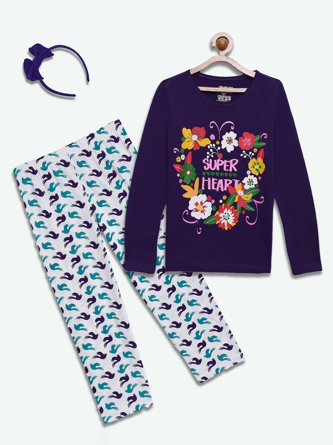 

SINI MINI Girls 2 Pieces Floral Printed Pure Cotton Night Suit, Navy blue