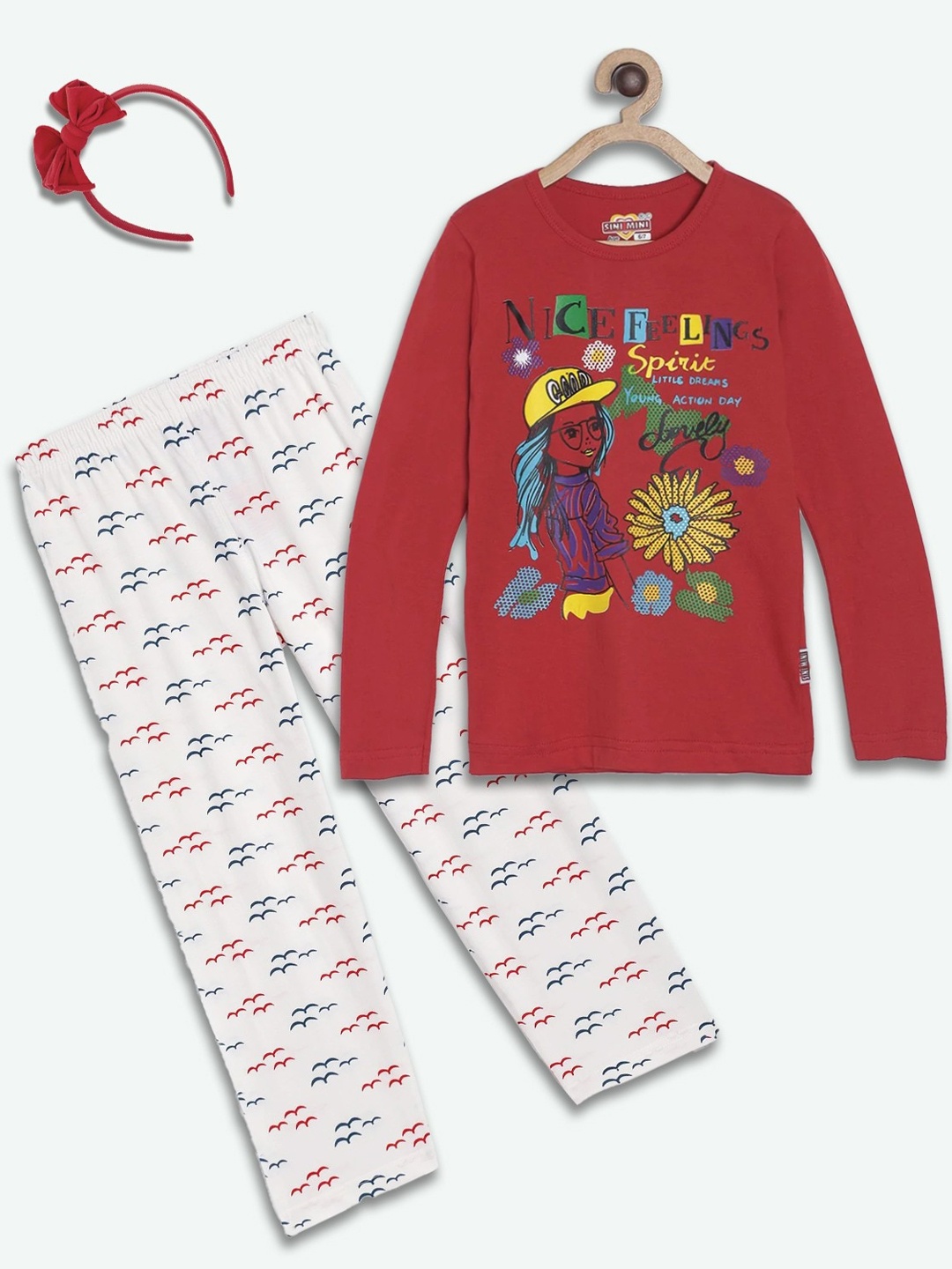 

SINI MINI Girls 2 Pieces Graphic Printed Pure Cotton Night Suit, Red