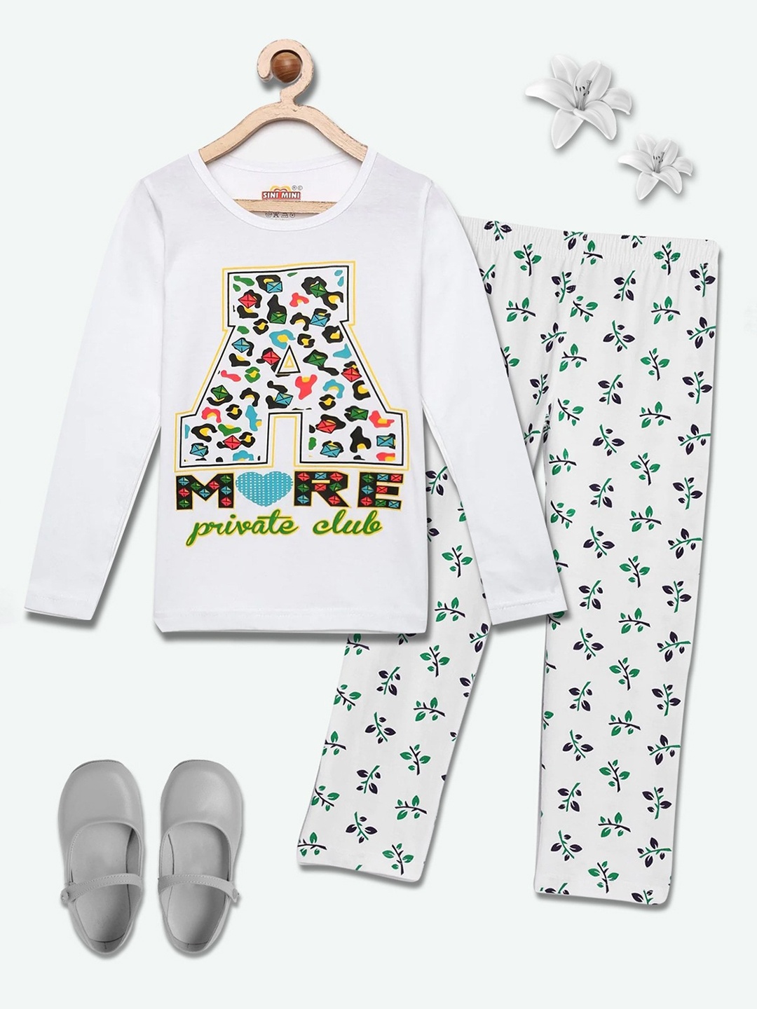 

SINI MINI Girls 2 Pieces Floral Printed Pure Cotton Night Suit, White