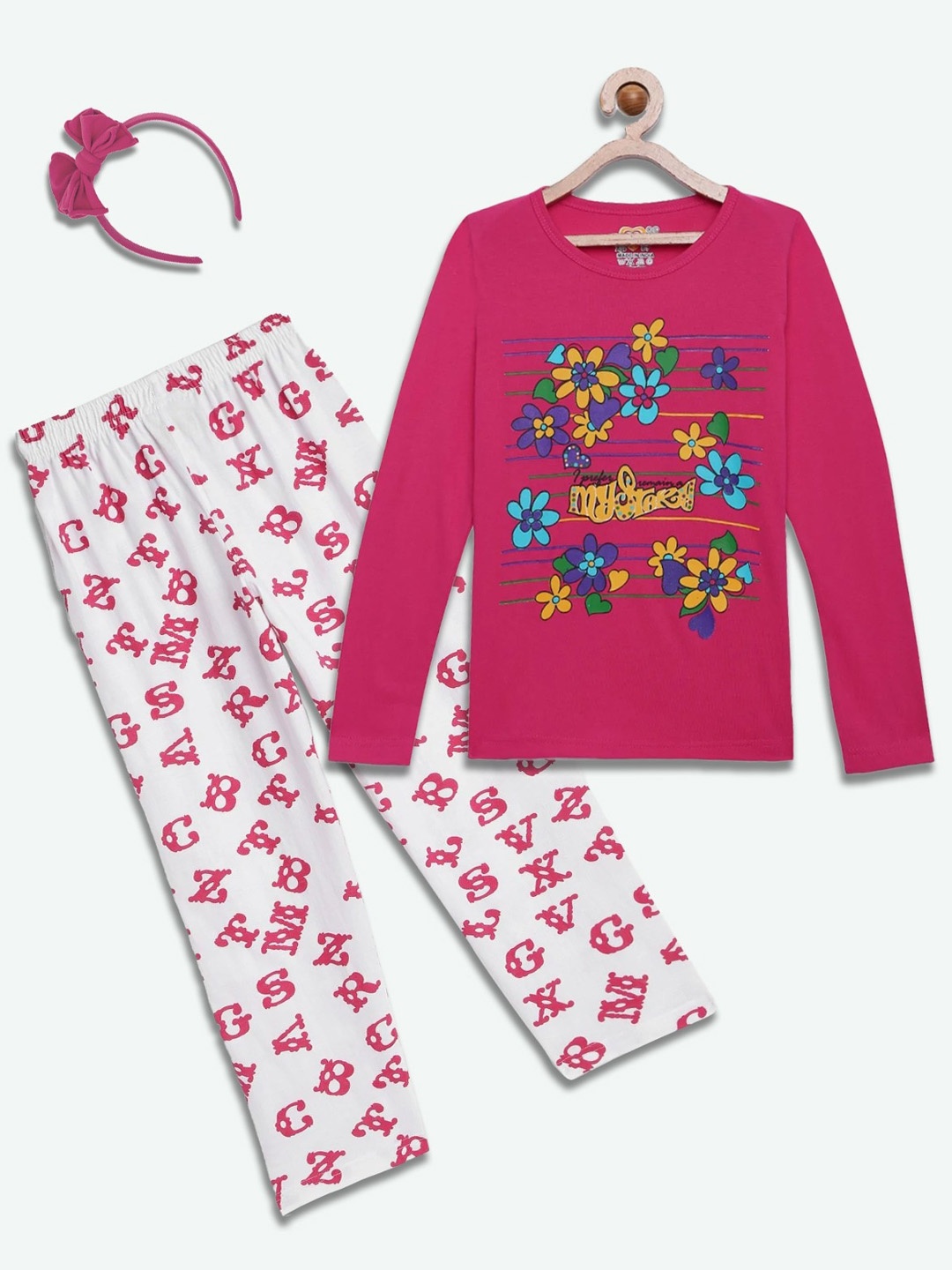 

SINI MINI Girls 2 Pieces Floral Printed Pure Cotton Night Suit, Pink