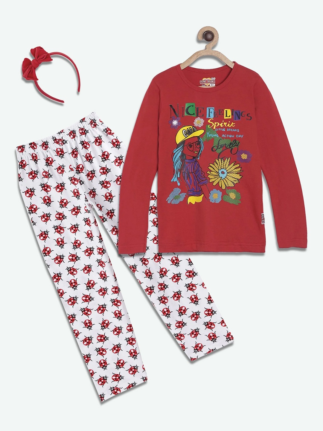 

SINI MINI Girls Maroon & White Printed Night suit