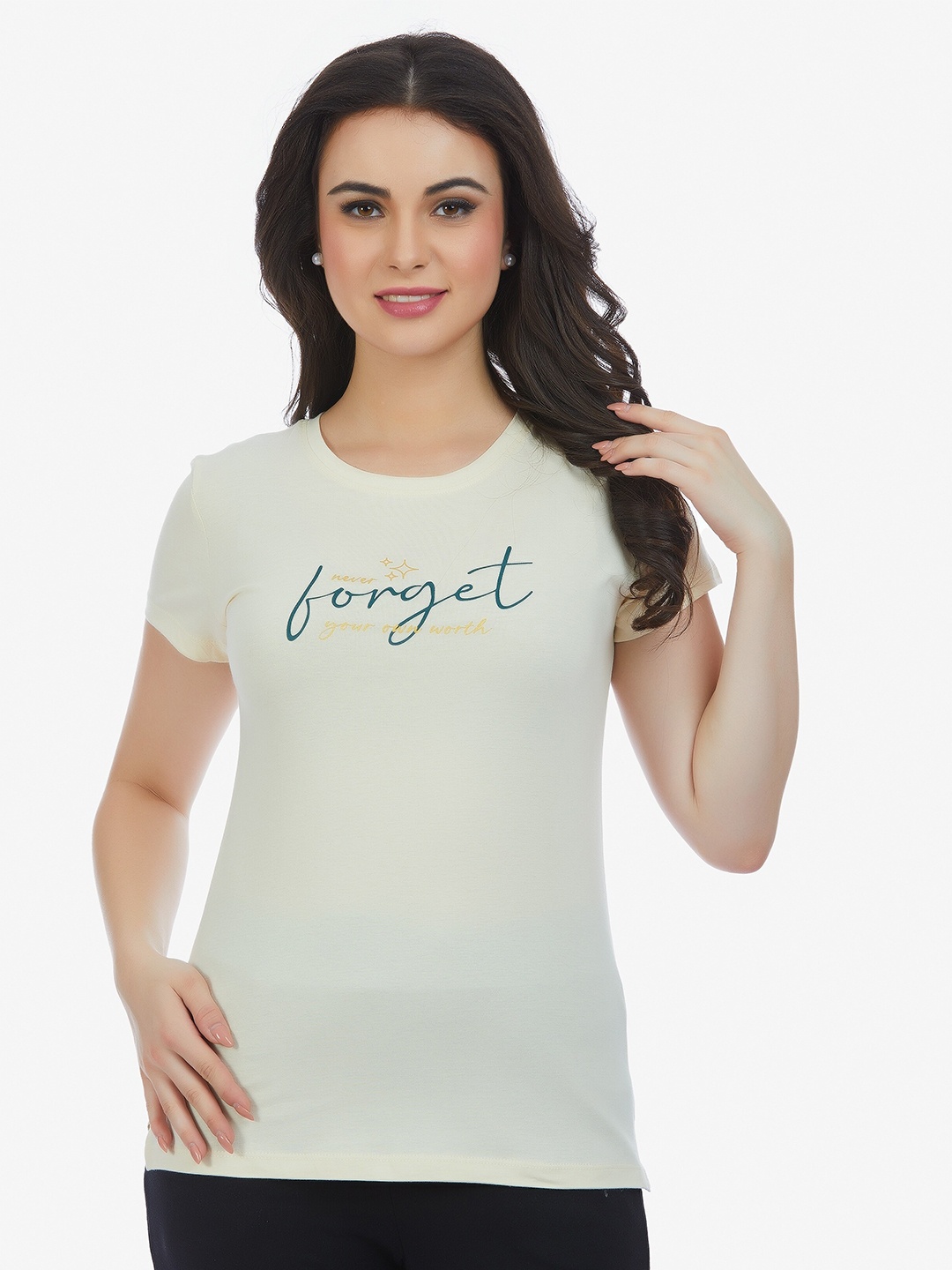 MAYSIXTY Women Typography Printed Cotton T-shirt, Cream