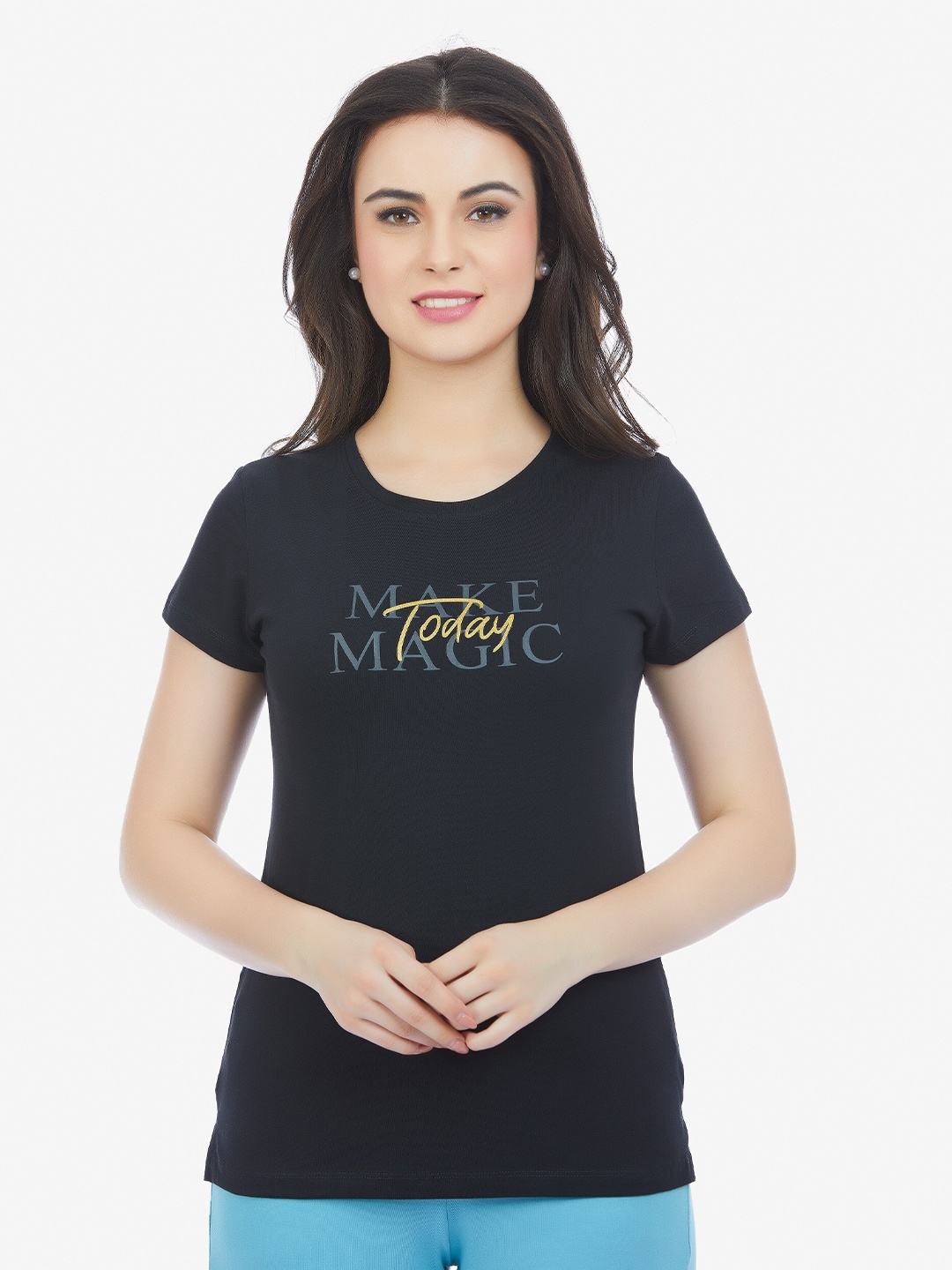 

MAYSIXTY Women Typography Printed Cotton T-shirt, Black