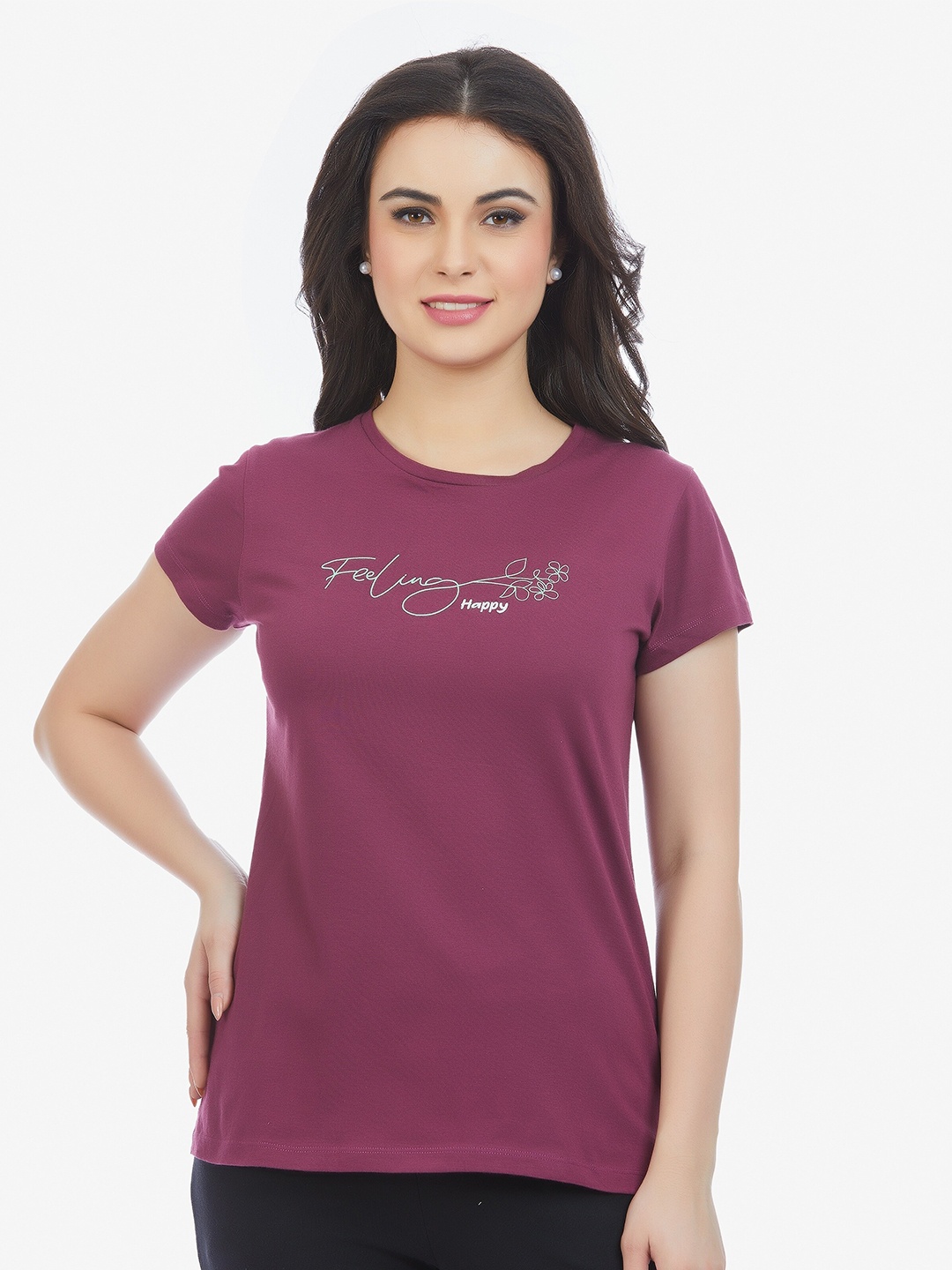 

MAYSIXTY Women Typography Printed Cotton T-shirt, Burgundy