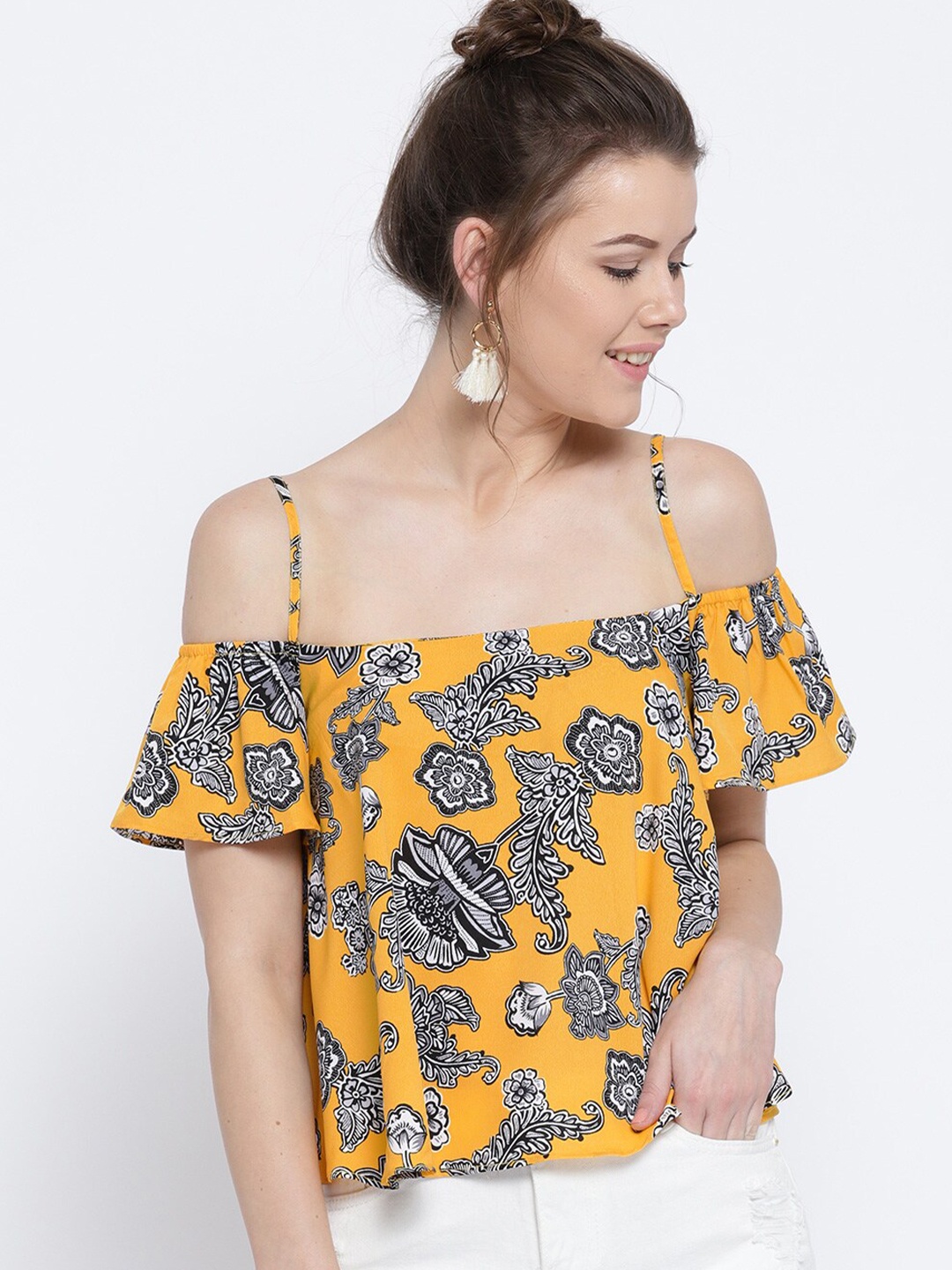 

Sera Floral Print Ruffles Crepe Bardot Top, Yellow