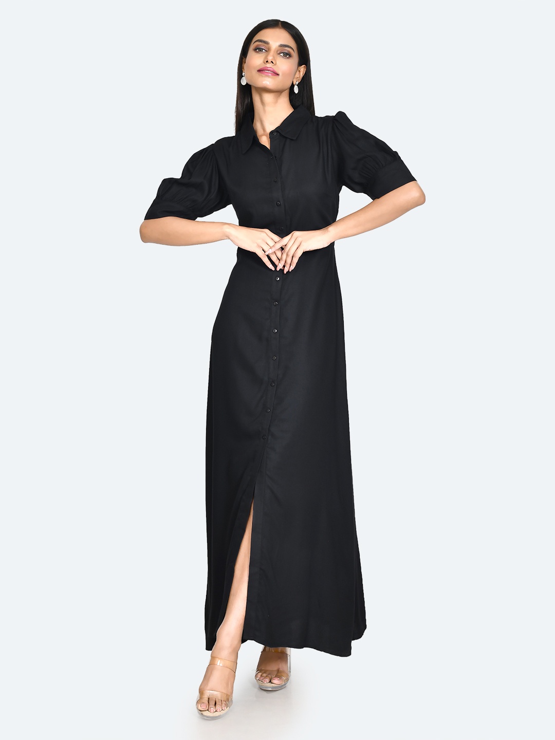 

Zink London Spread Collar Maxi Shirt Dress, Black