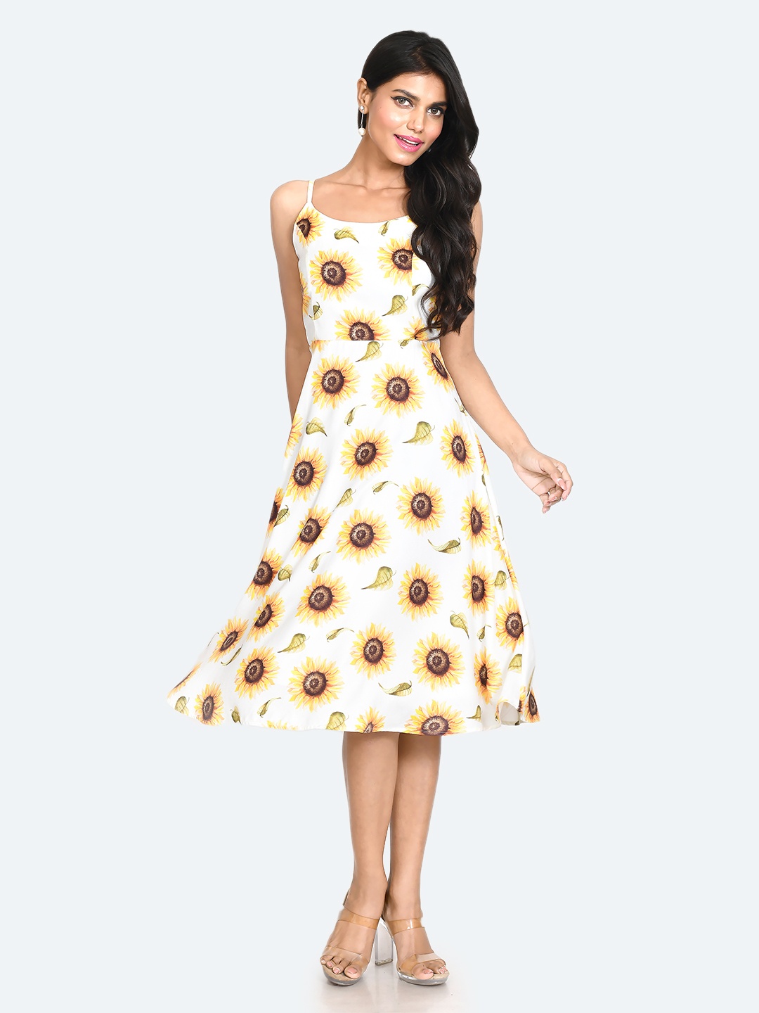 

Zink London Floral Printed Shoulder Straps A-Line Midi Dress, White