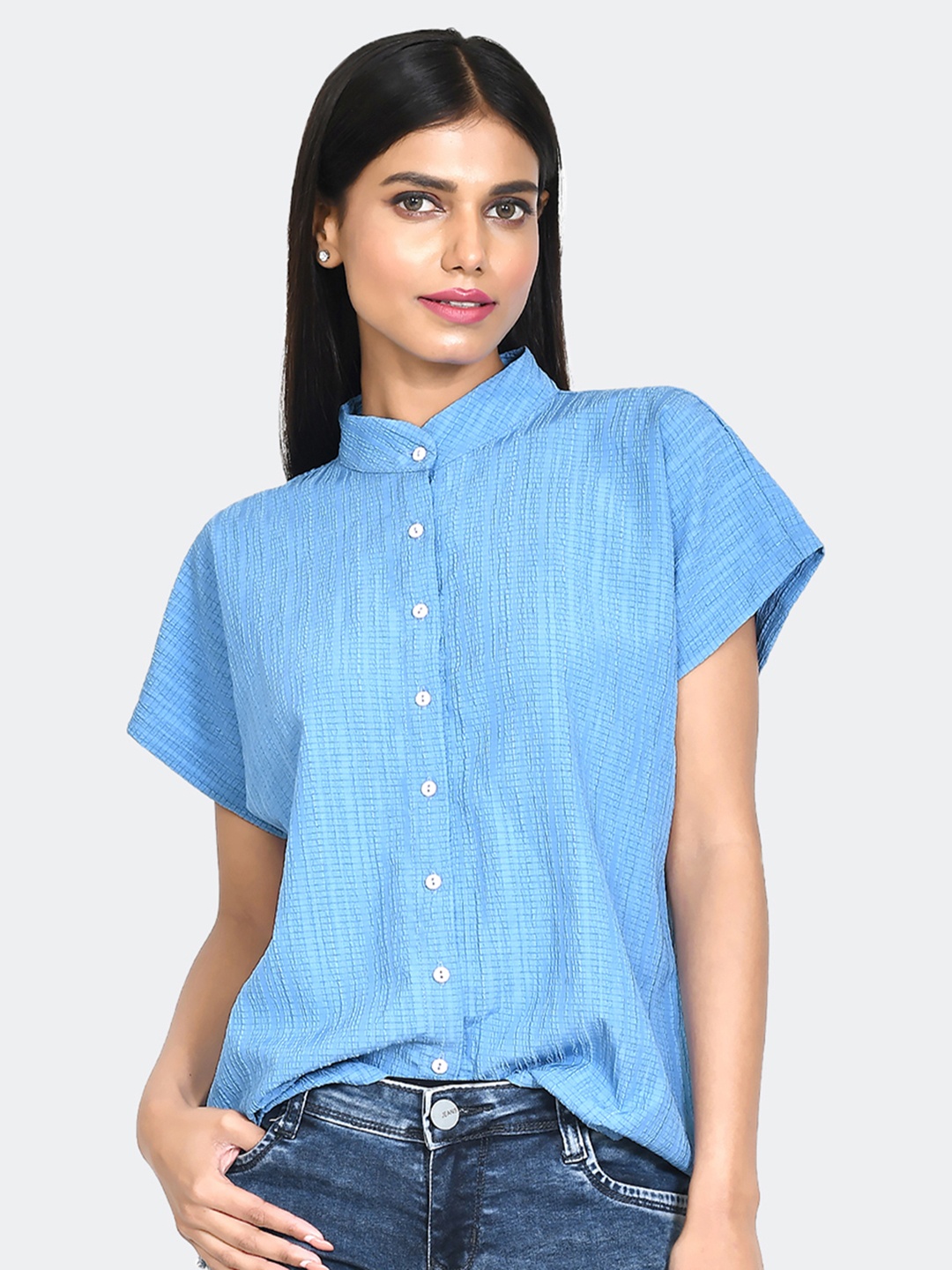 

Zink London Women Mandarin collar Slim Fit Short Sleeves Casual Shirt, Blue