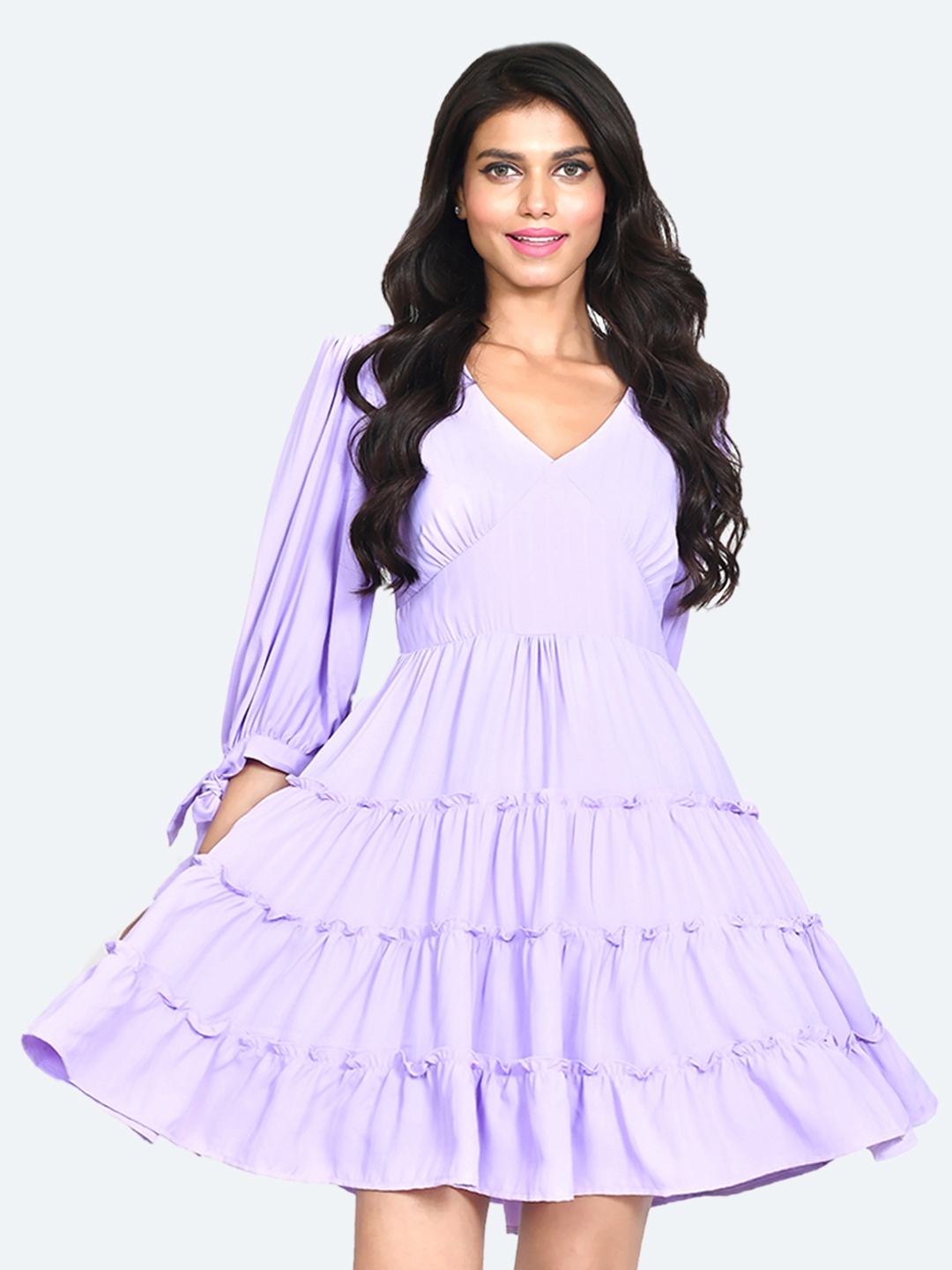 

Zink London V-Neck Tiered Fit and Flare Dress, Purple