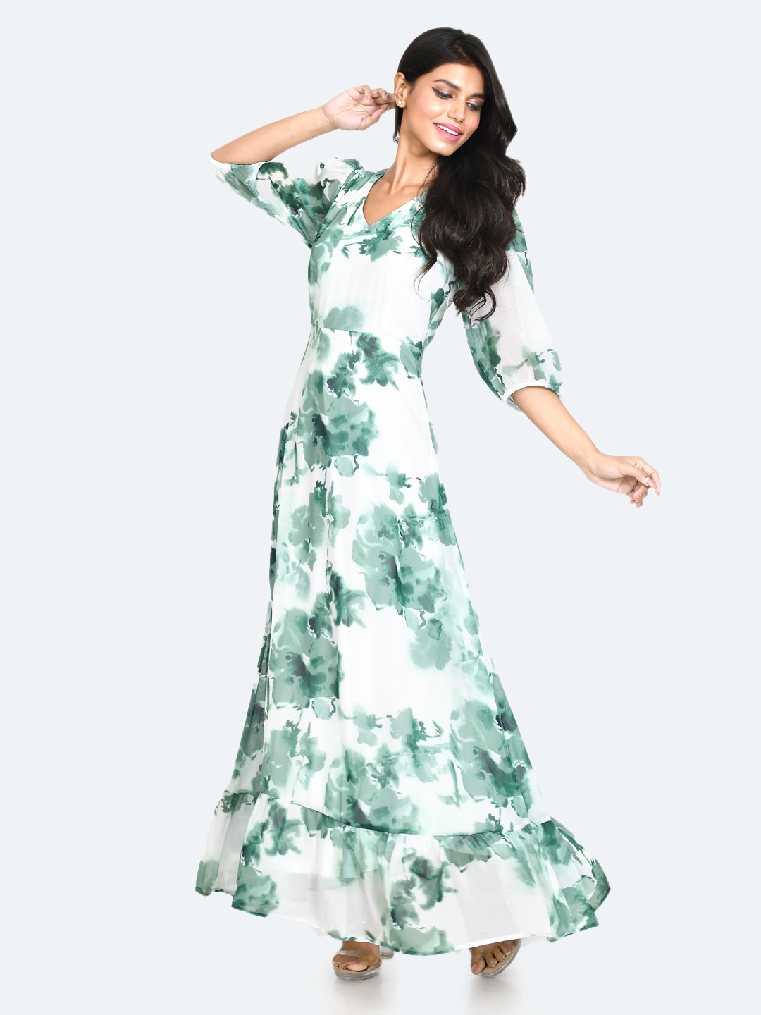 

Zink London Floral Printed V-Neck Maxi Dress, White