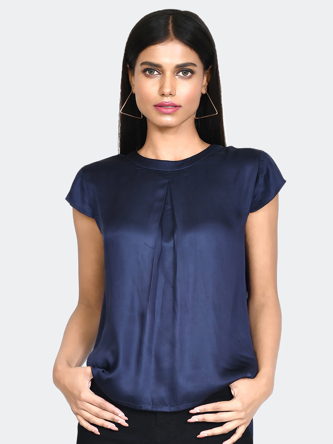 

Zink London Round Neck Pleated Modal Top, Blue