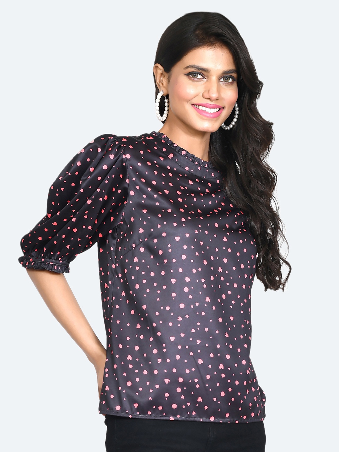 

Zink London Abstract Print Puff Sleeves Top, Black