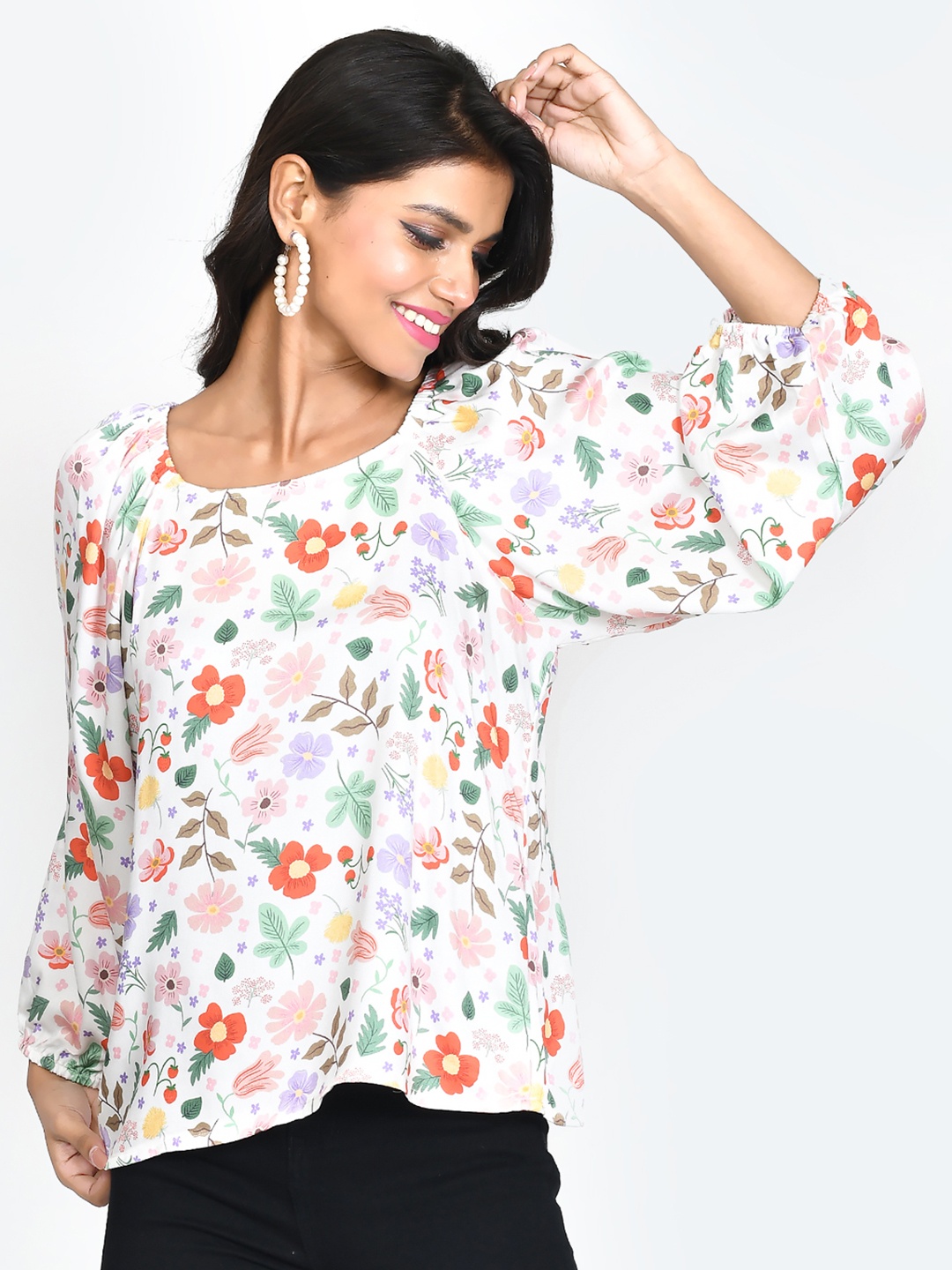 

Zink London Floral Print Cuffed Sleeves Top, White