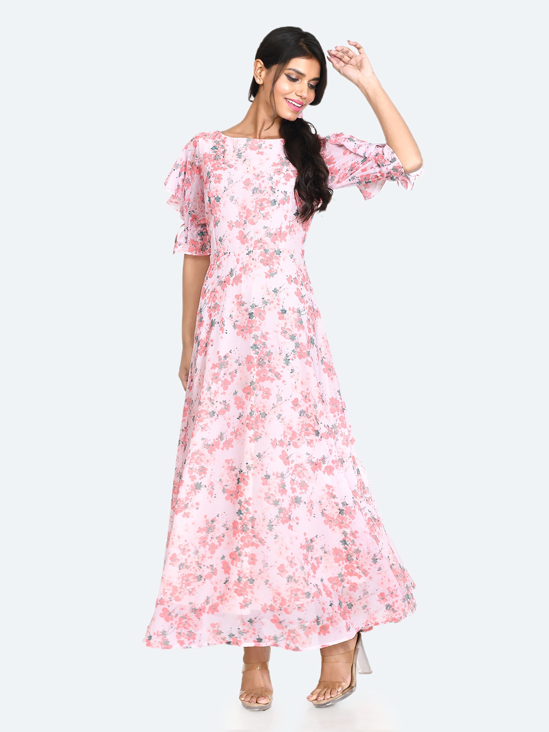 

Zink London Floral Printed Boat Neck Maxi Dress, Pink