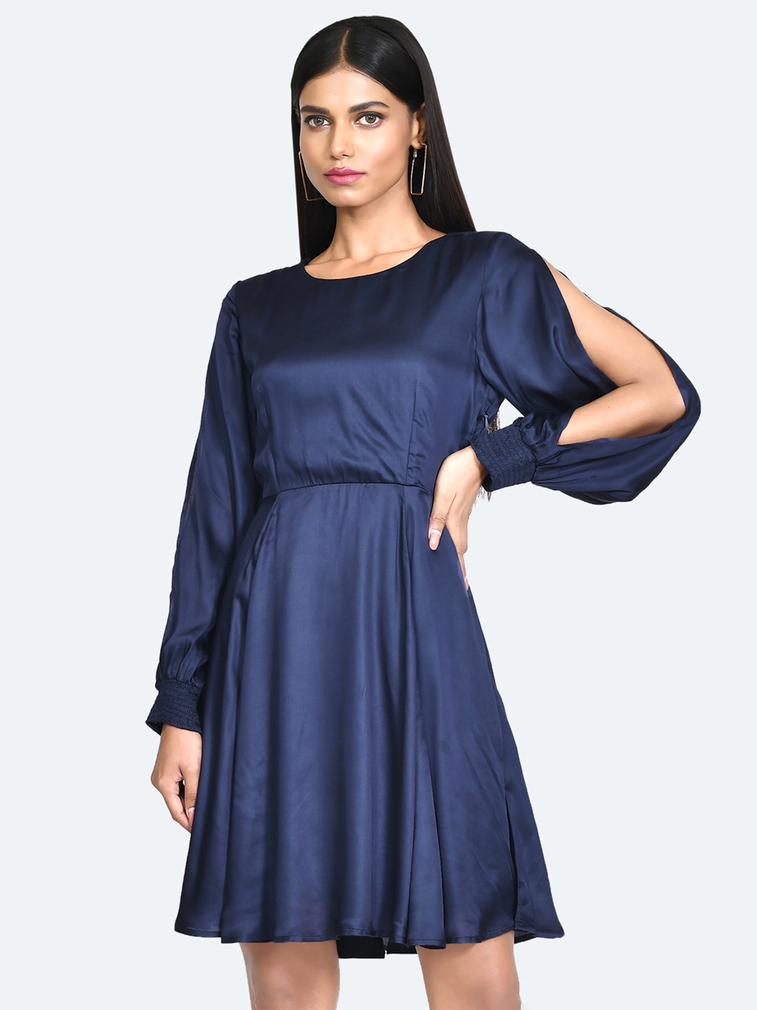 

Zink London Round Neck Cuffed Sleeves A-Line Dress, Navy blue