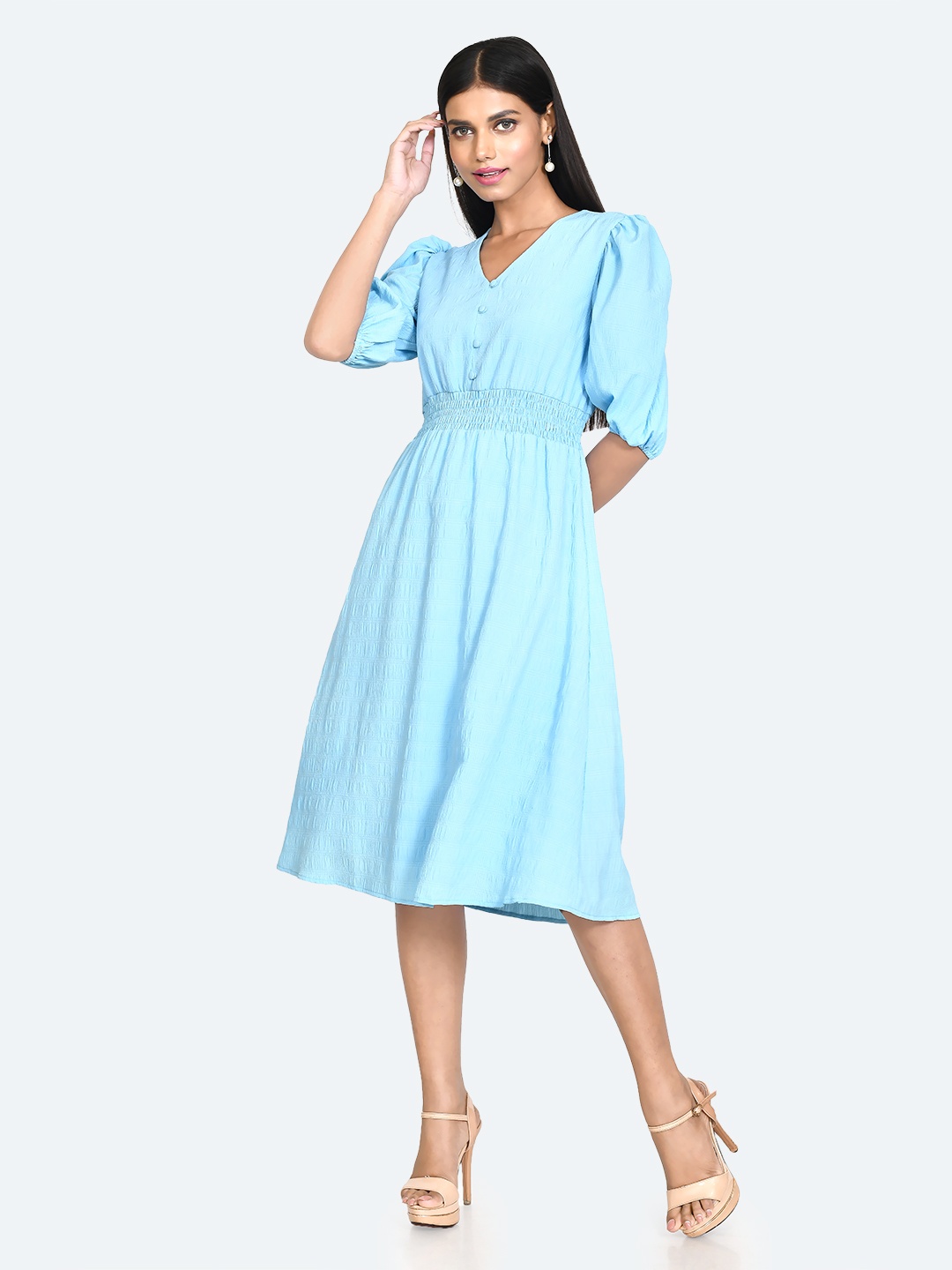 

Zink London V-Neck Puff Sleeves A-Line Midi Dress, Turquoise blue