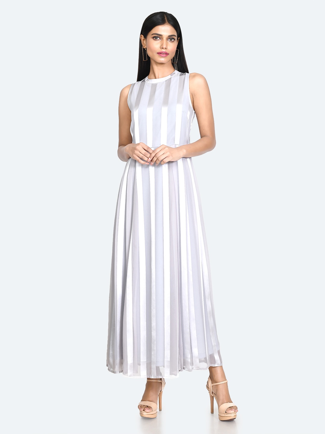 

Zink London Striped Band Collar Sleeveless Maxi Dress, Off white