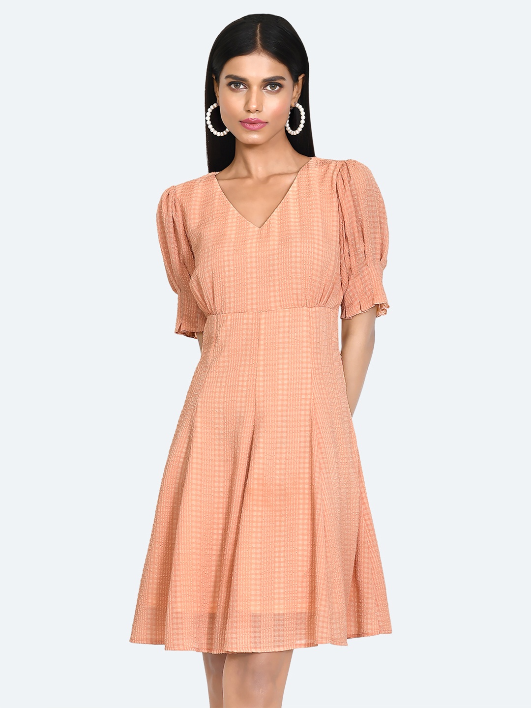 

Zink London Self Design V-Neck A-Line Dress, Peach