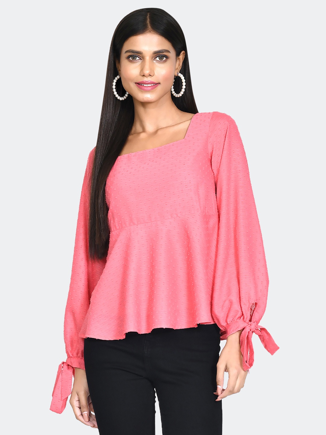 

Zink London Self Design Tie-Up Sleeves Peplum Top, Pink