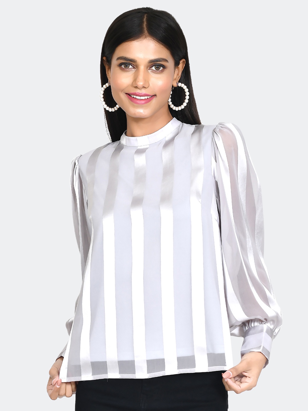 

Zink London Striped High Neck Cuffed Sleeves Top, Grey
