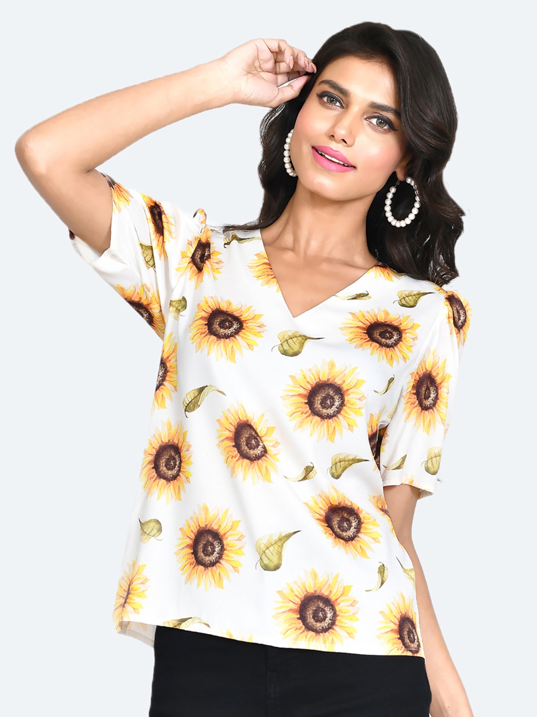 

Zink London Floral Printed Puff Sleeves Top, White