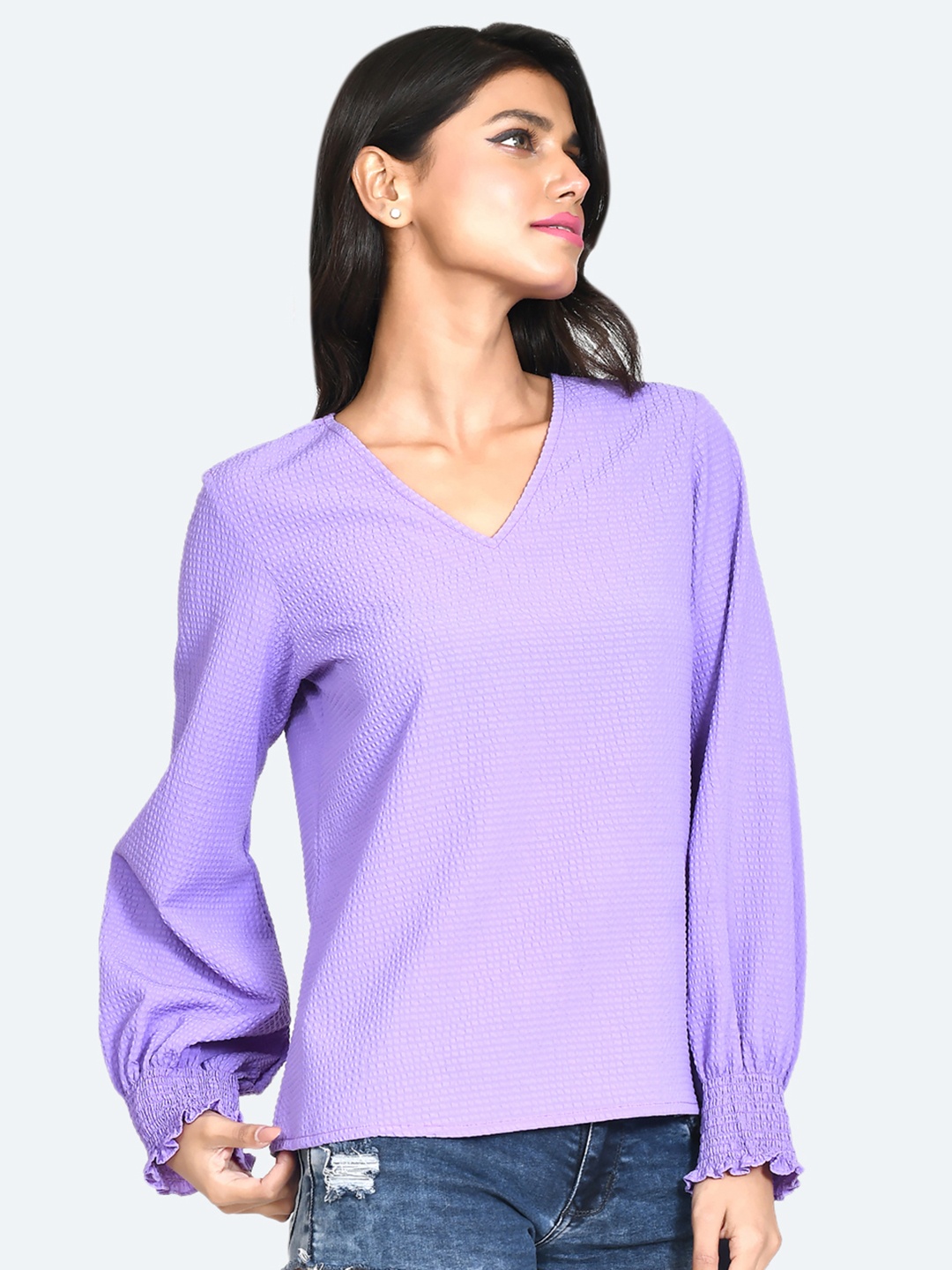 

Zink London Puff Sleeves V-Neck Top, Purple