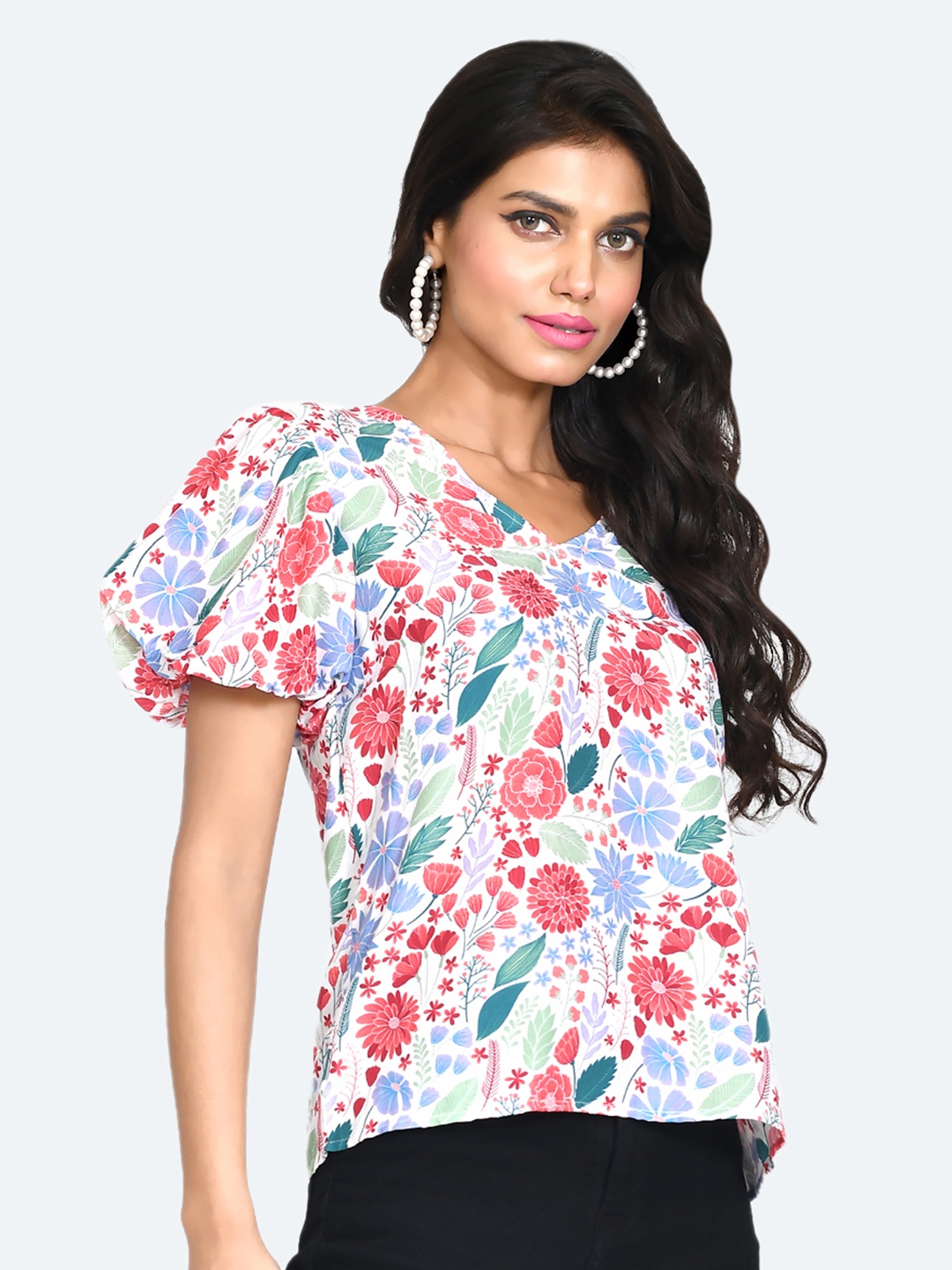 

Zink London Floral Printed Puff Sleeves Top, White