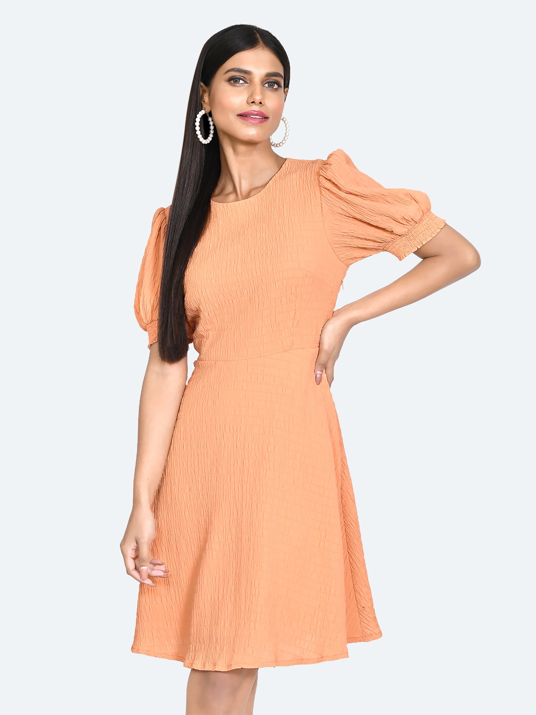

Zink London Puff Sleeved A-Line Dress, Peach