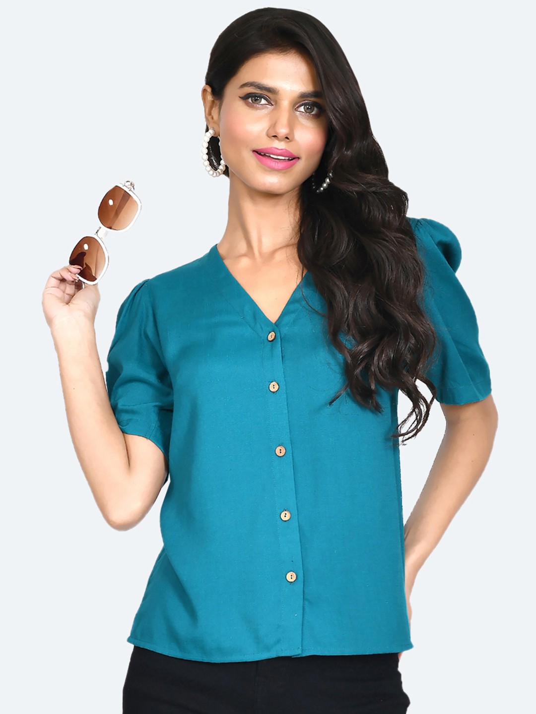 

Zink London Puff Sleeves V-Neck Shirt Style Top, Green