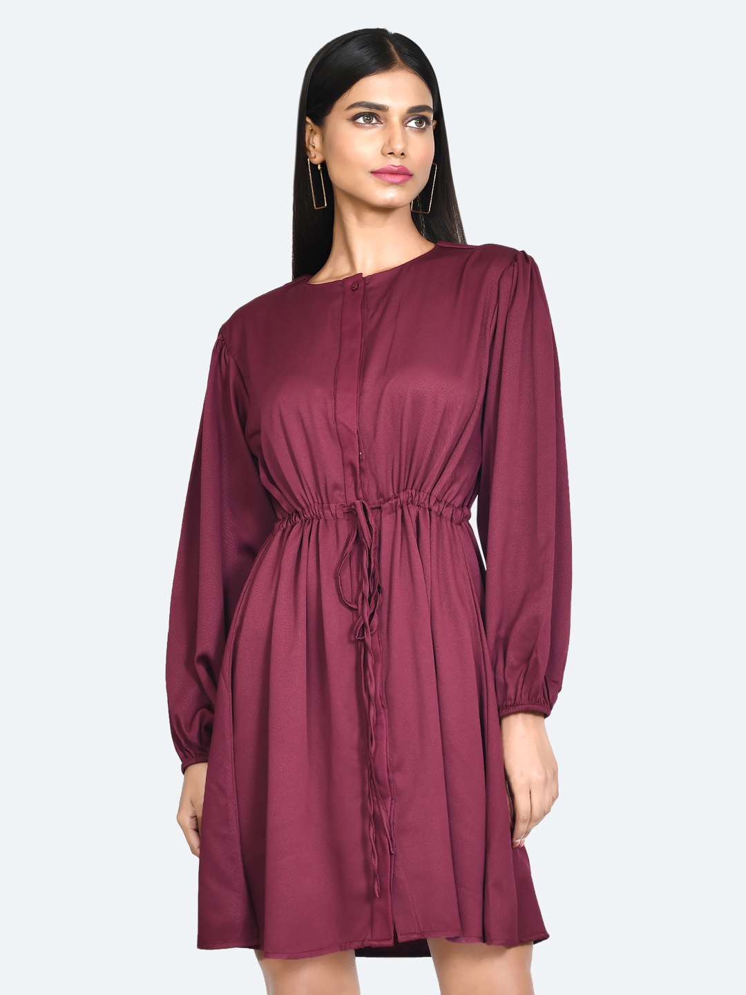 

Zink London Puff Sleeved Fit and Flare Dress, Maroon