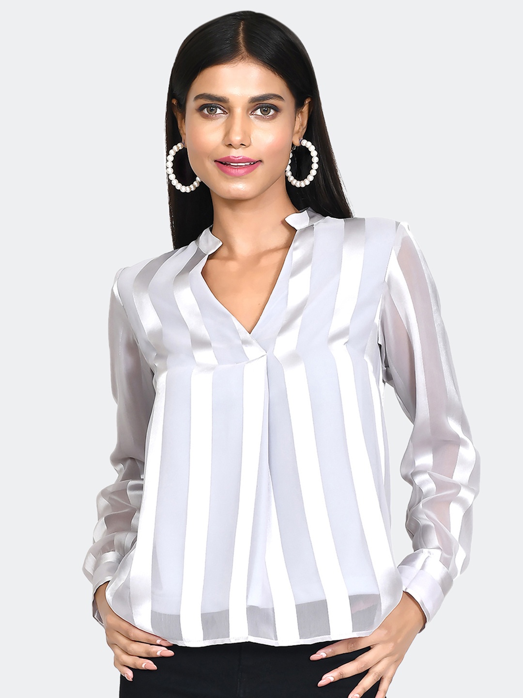 

Zink London Striped Band Collar Shirt Style Top, Grey