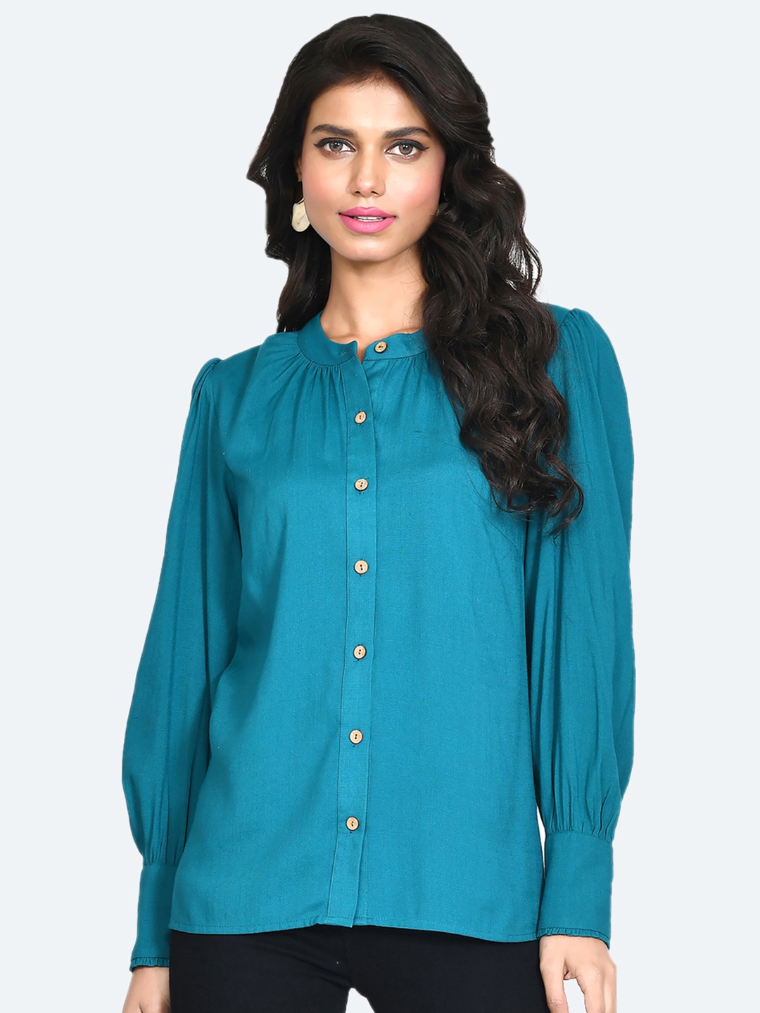 

Zink London Cuffed Sleeves Shirt Style Top, Teal