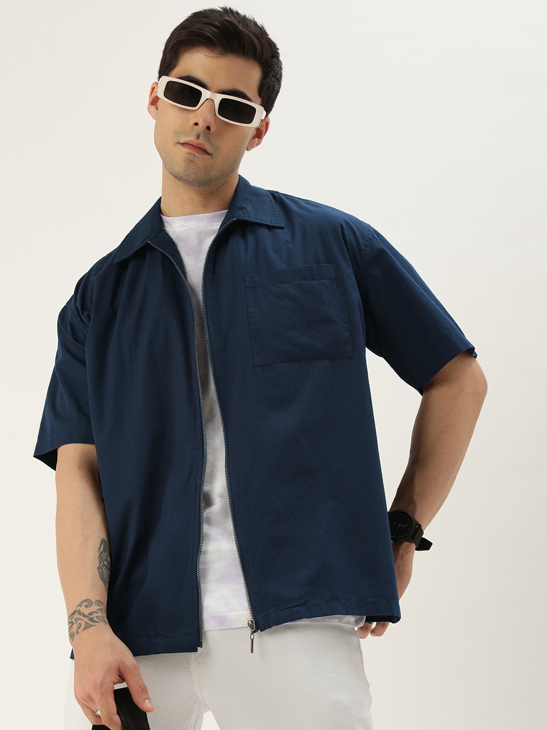 

Kook N Keech Relaxed Boxy Pure Cotton Casual Shirt, Navy blue