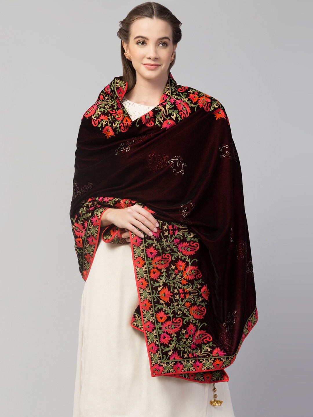 

Tweedle Women Zari & Nalki Floral Embroidered Velvet Shawl, Burgundy