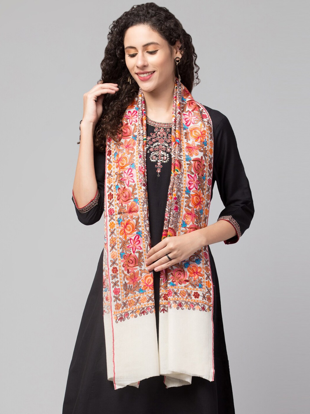 

Tweedle Women Embroidered Woollen Shawl, Cream