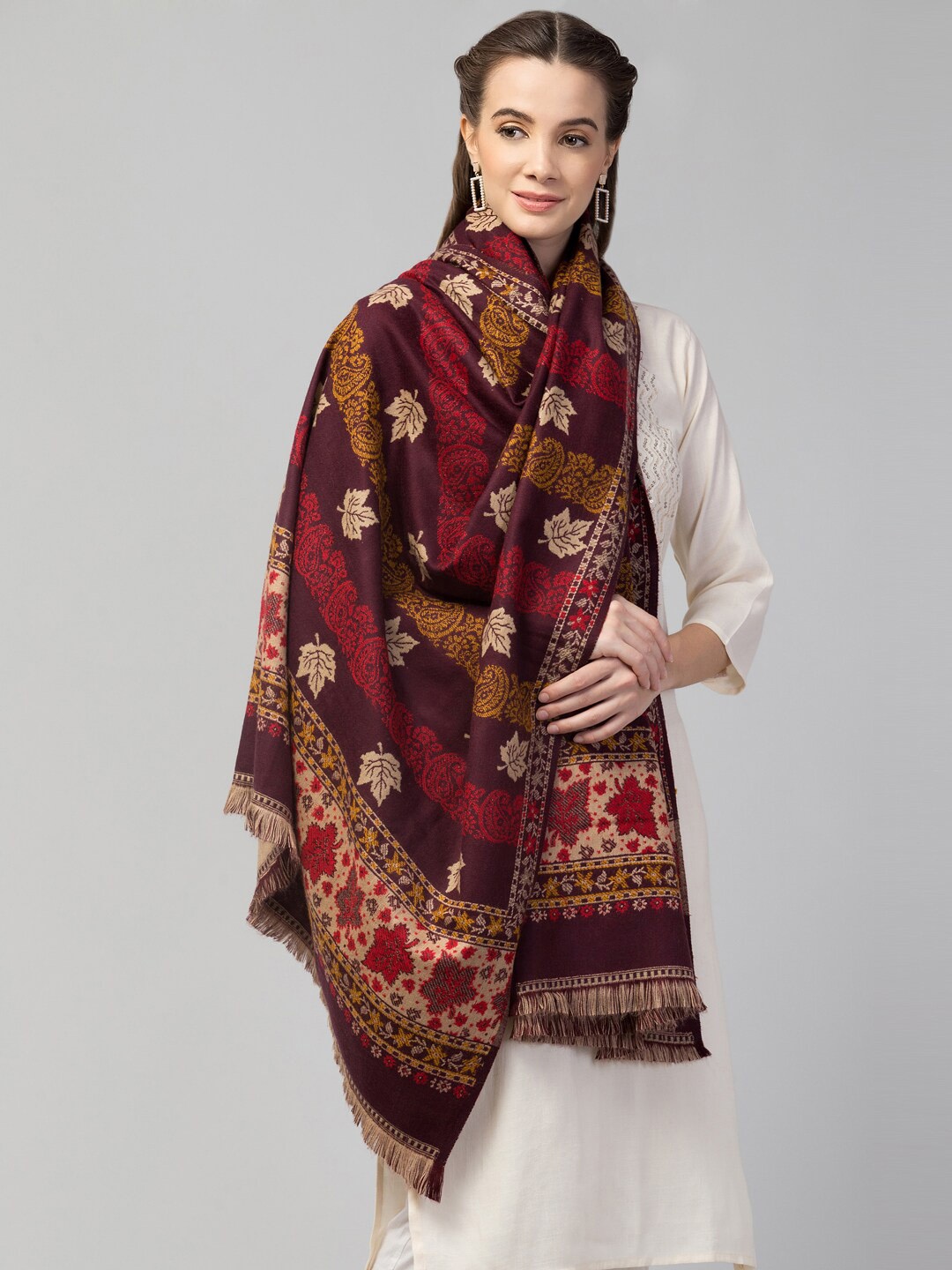 

Tweedle Women Woven Woollen Jamawar Shawl, Brown