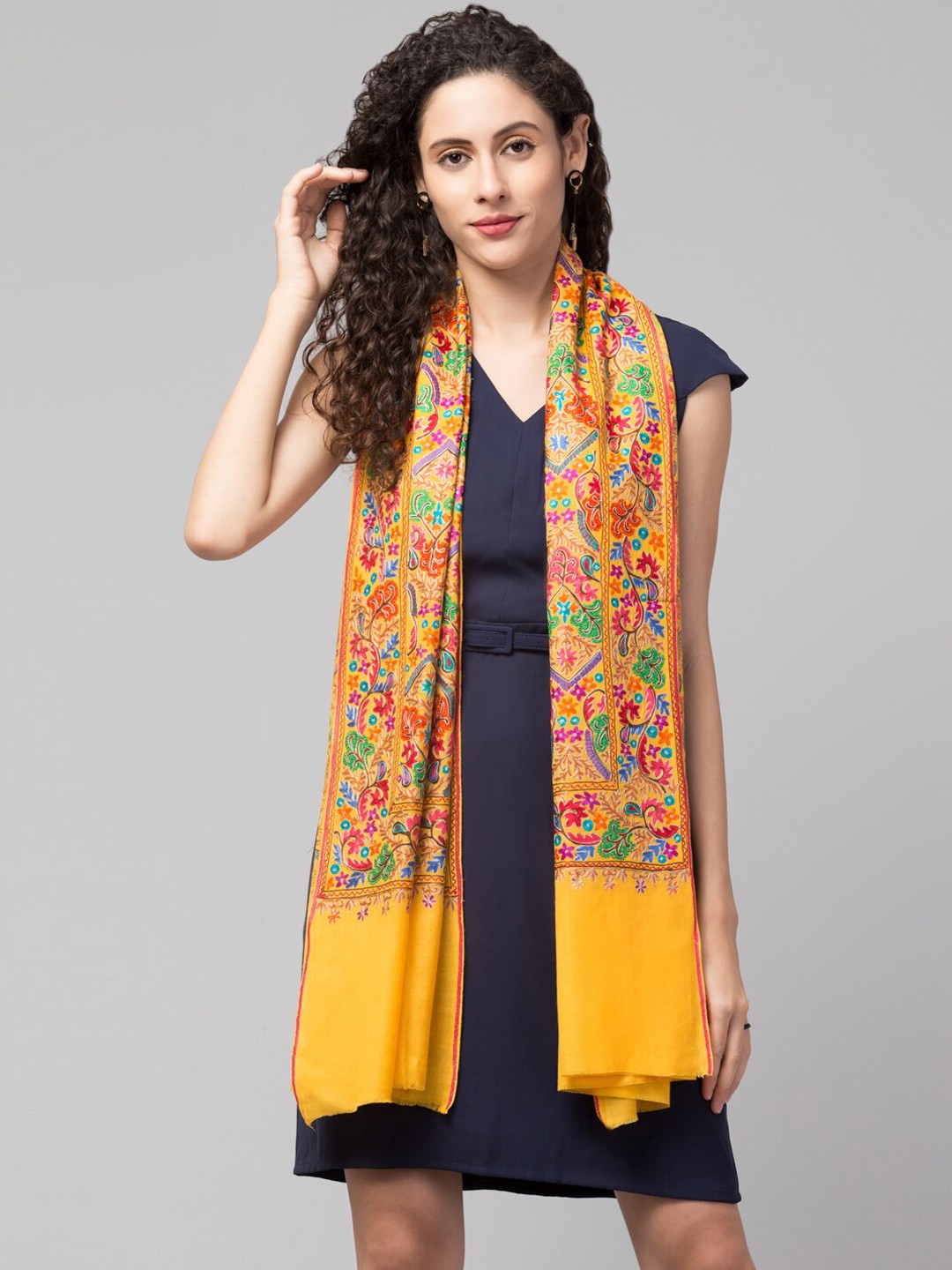 

Tweedle Women Kashmiri Embroidered Pure Woollen Shawl, Yellow