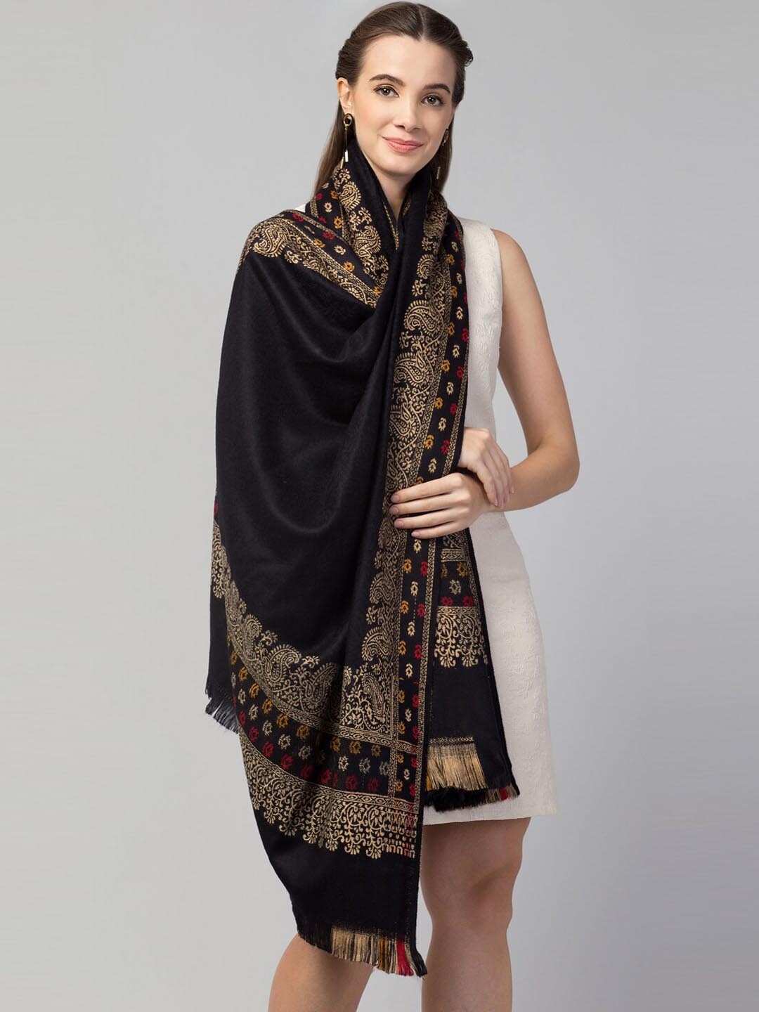 

Tweedle Women Jamawar Woven Design Shawl, Black