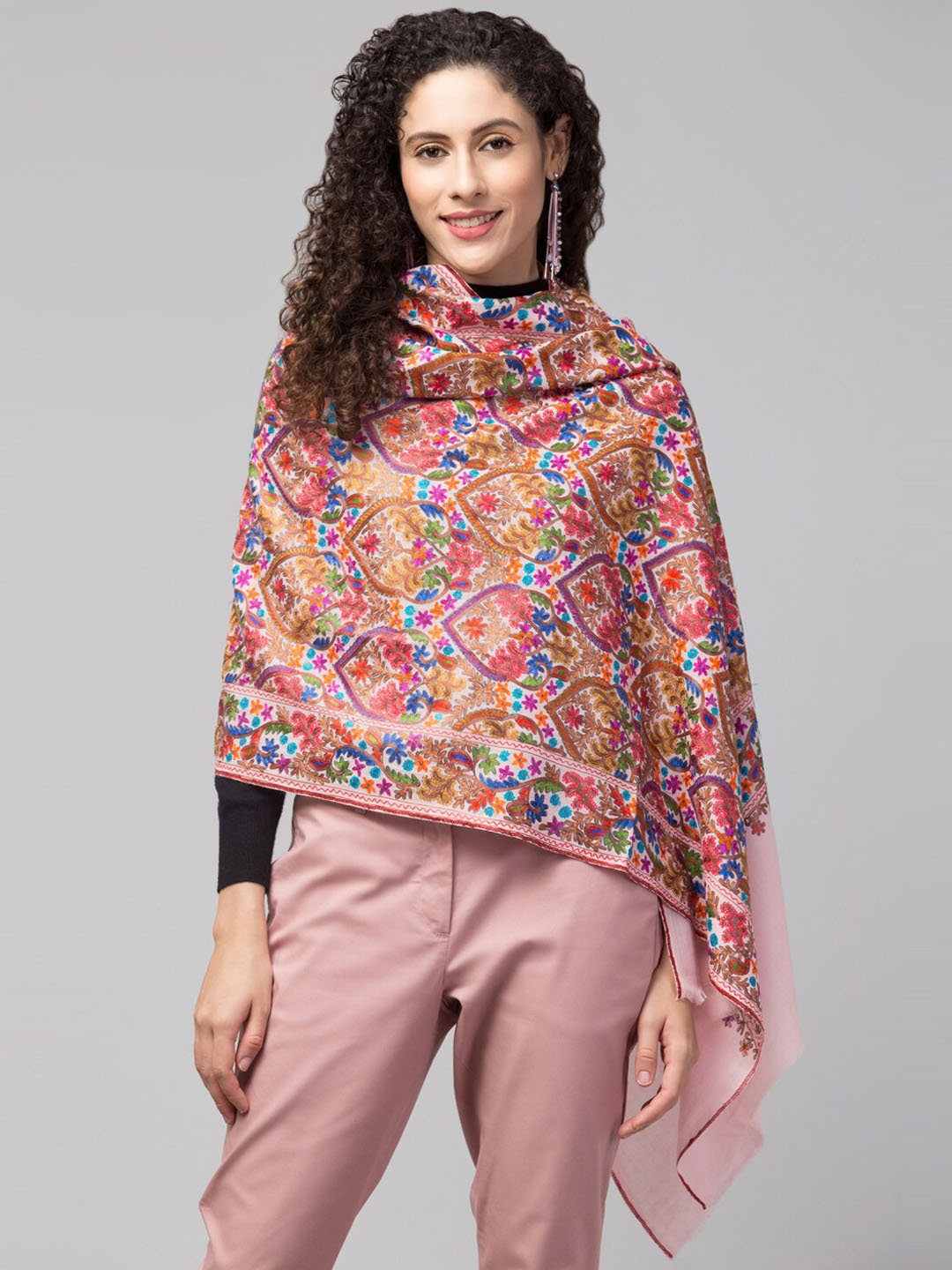 

Tweedle Women Embroidered Woolen Shawl, Pink